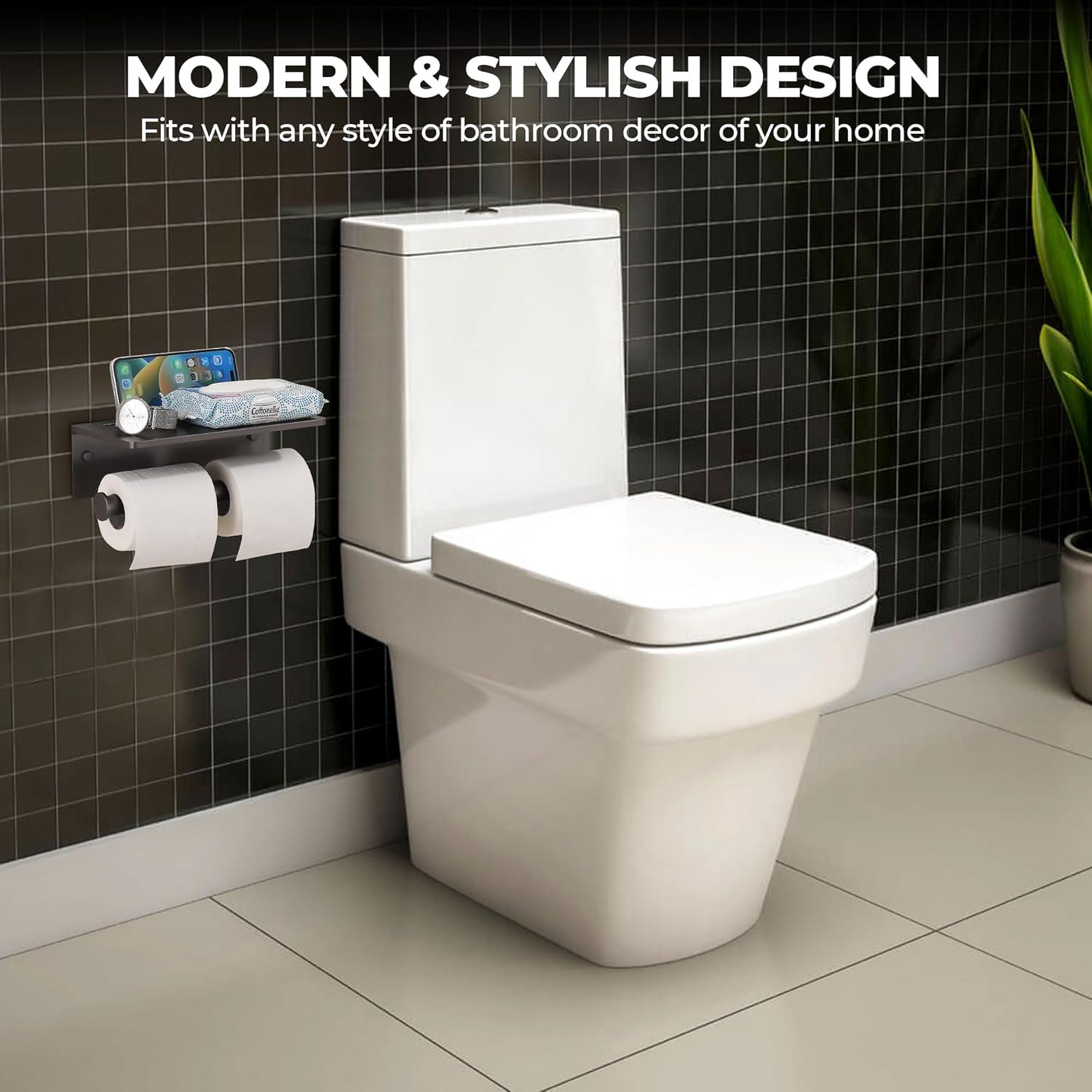 Toilet Paper Holder with Shelf, Black Anti-Rust Aluminum Tissue Roll Holder with Mobile Phone Storage Shelf for Bathroom, 3M Self Adhesive No Drilling or Wall Mounted with Screws