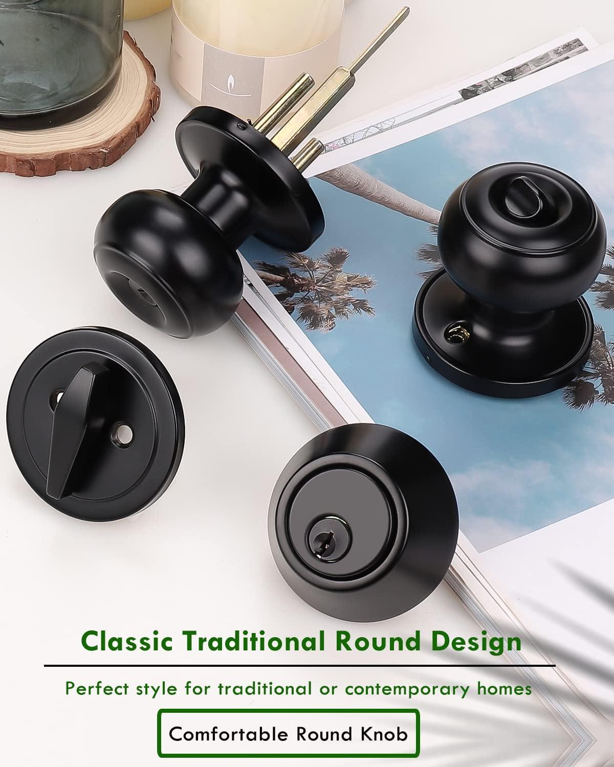 Matte Black Alloy Steel Round Door Knob Set with Deadbolt