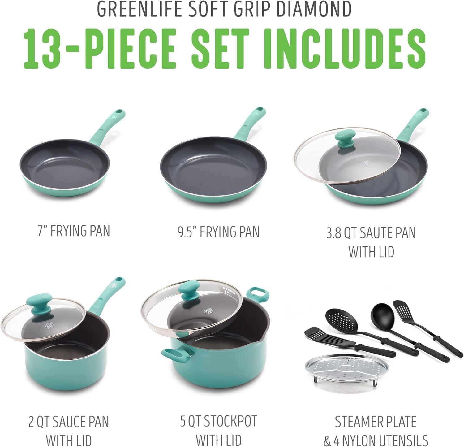 Greenlife Diamond Ceramic Non-stick 13Pc Cookware Set, Turquoise