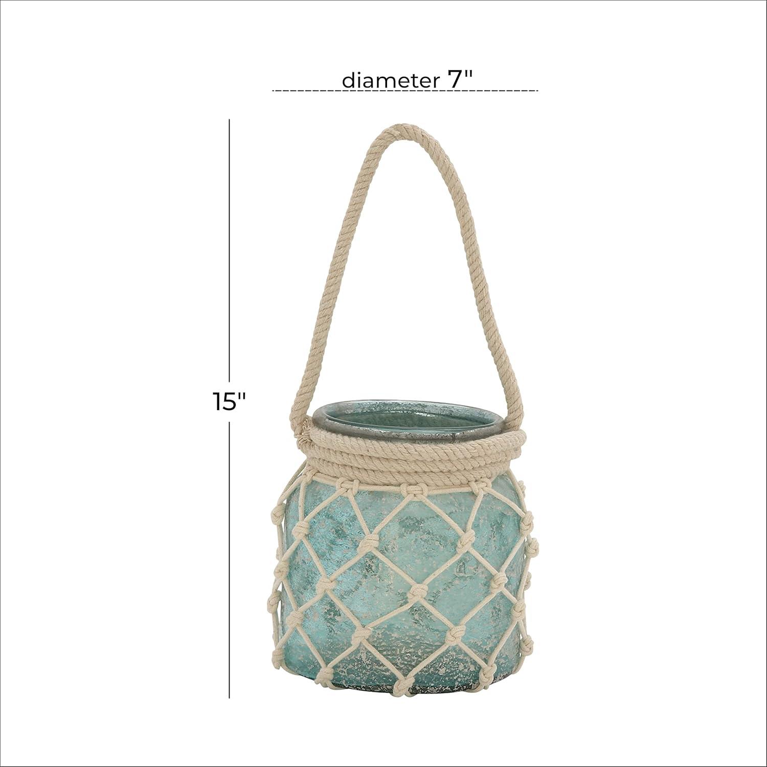 DecMode Blue Glass Decorative Candle Lantern with Rope Handle