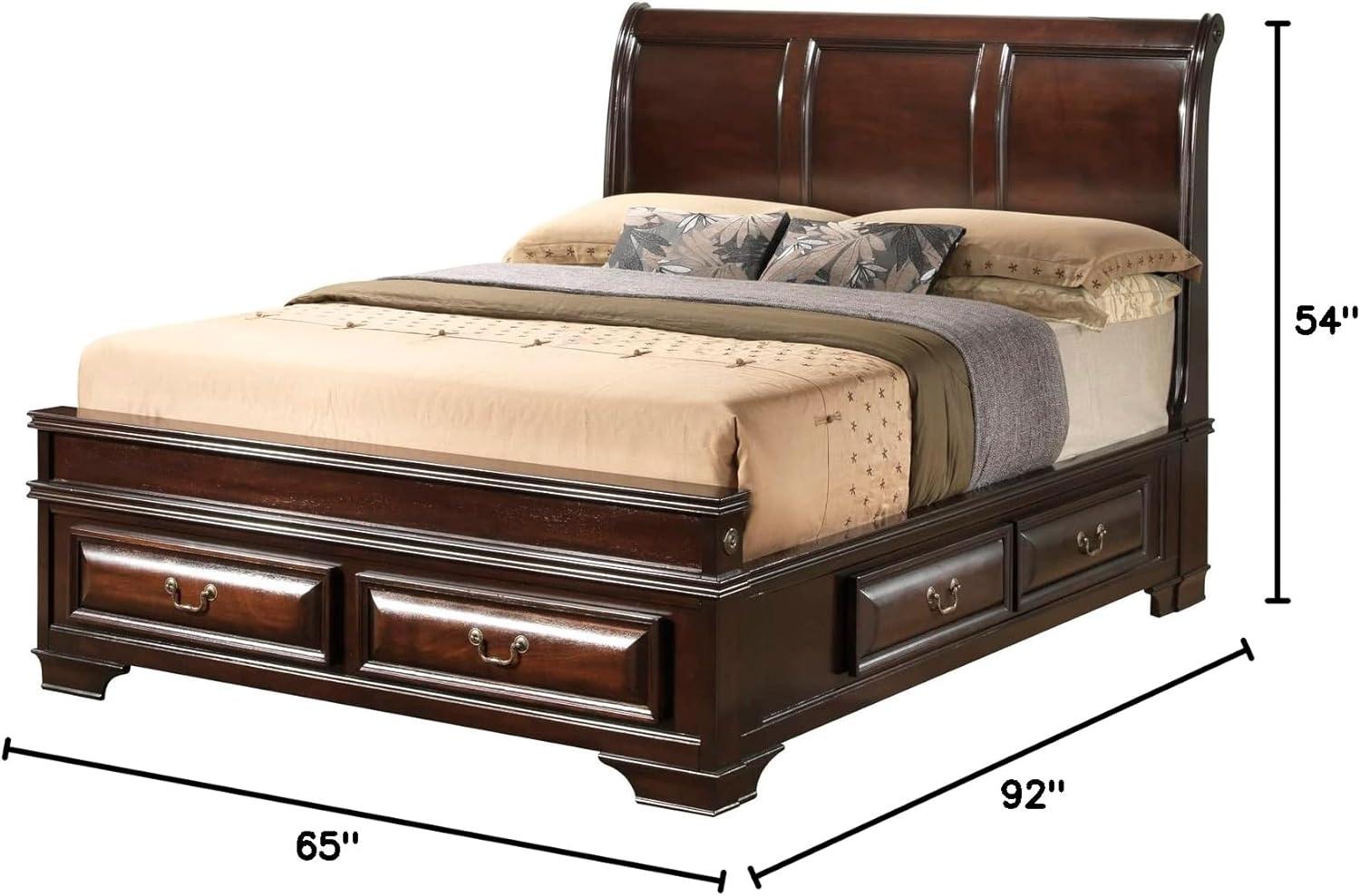 Cappuccino Queen Sleigh Bed with Upholstered Headboard and Storage Drawers