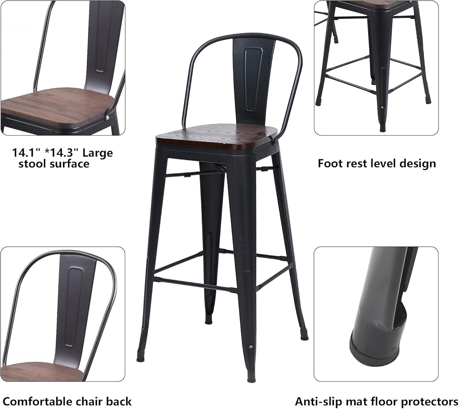 Andeworld 24" Bar Stools Set of 4,Counter Height Bar Stools with Larger Seat,Bar Stools with Back,Black Metal Bar Stools with Removable Back,Farmhouse Bar Stools,High Back Kitchen Bar Stools Chair