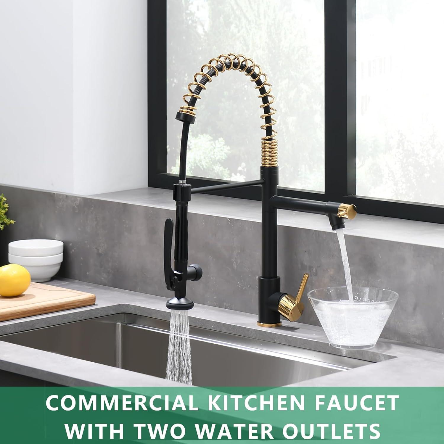 Matte Black and Gold Pull-Down Kitchen Faucet with Sprayer