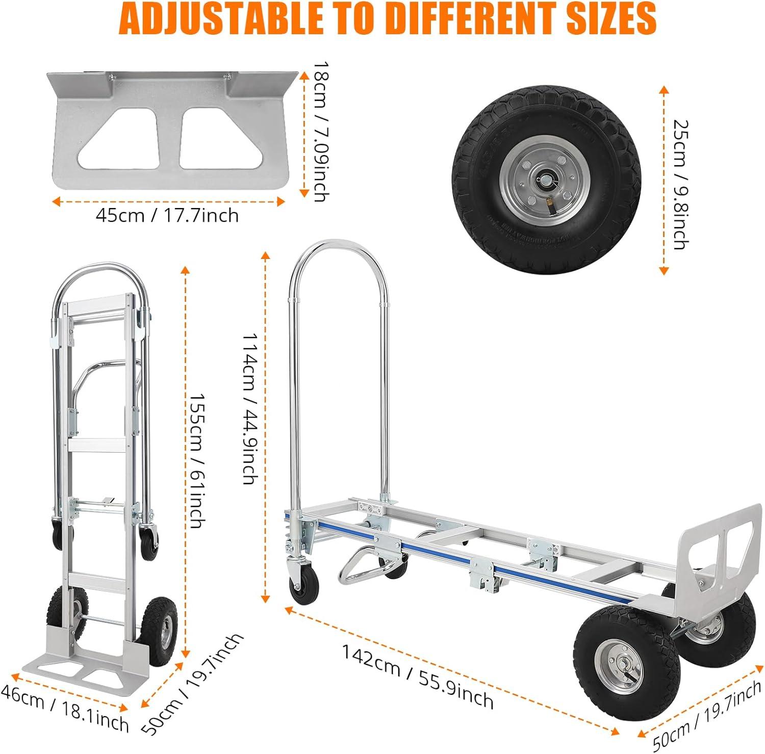 Silver Aluminum Folding Hand Truck Dolly with Wheels, 770 lbs Capacity