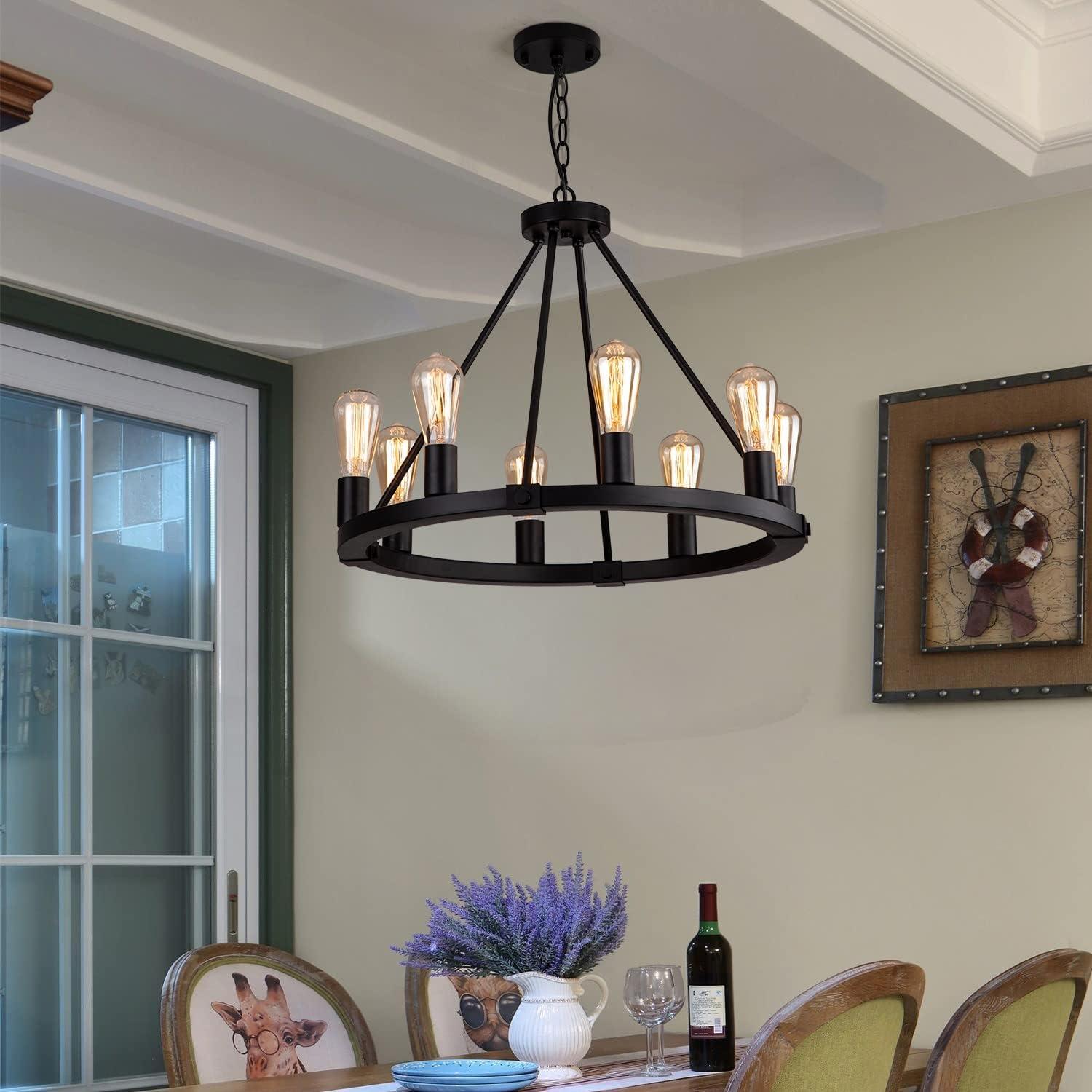 Black Metal 24" 8-Light Wagon Wheel Chandelier