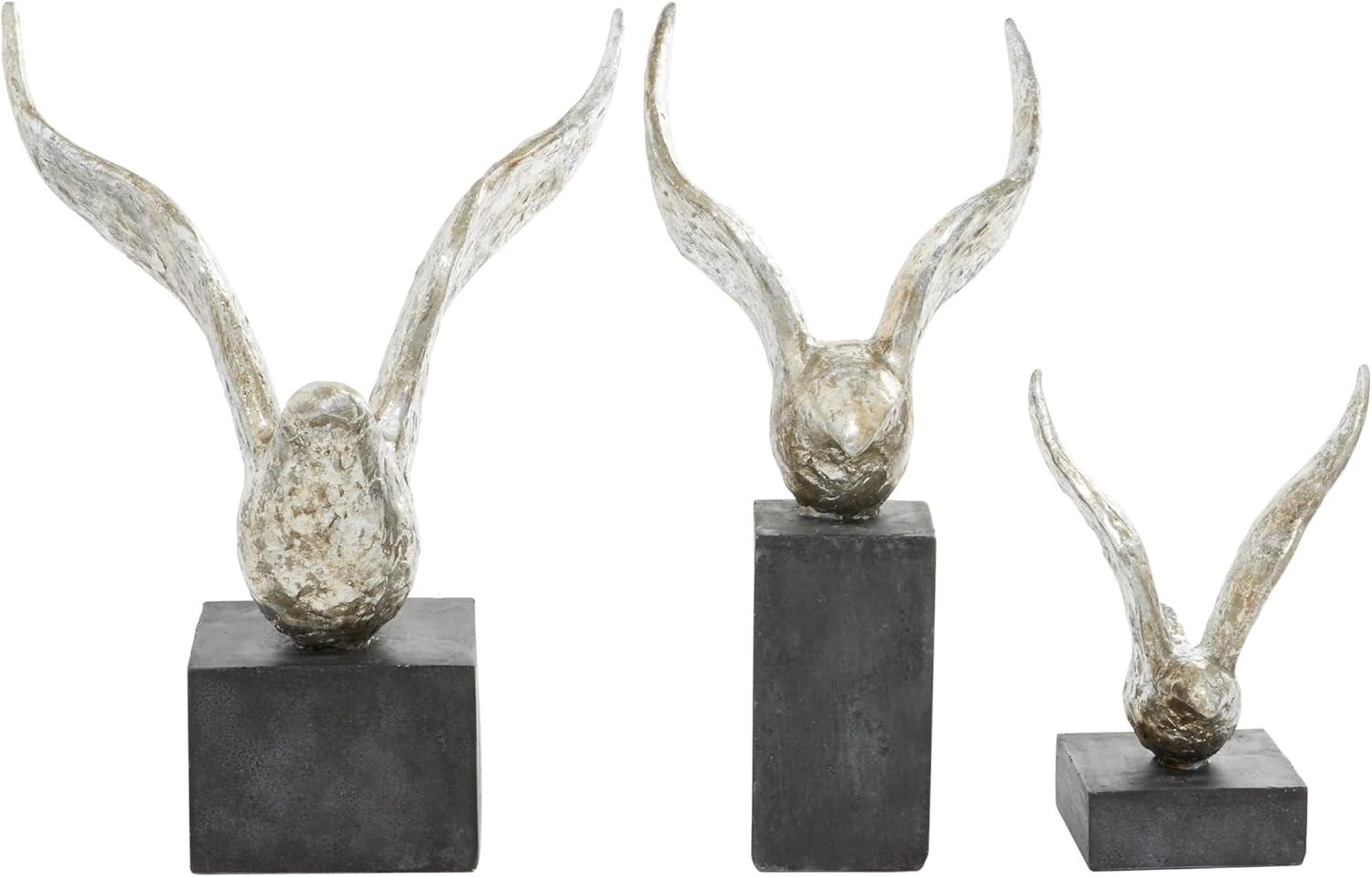 Silver and Black Resin Bird Sculptures Set of 3