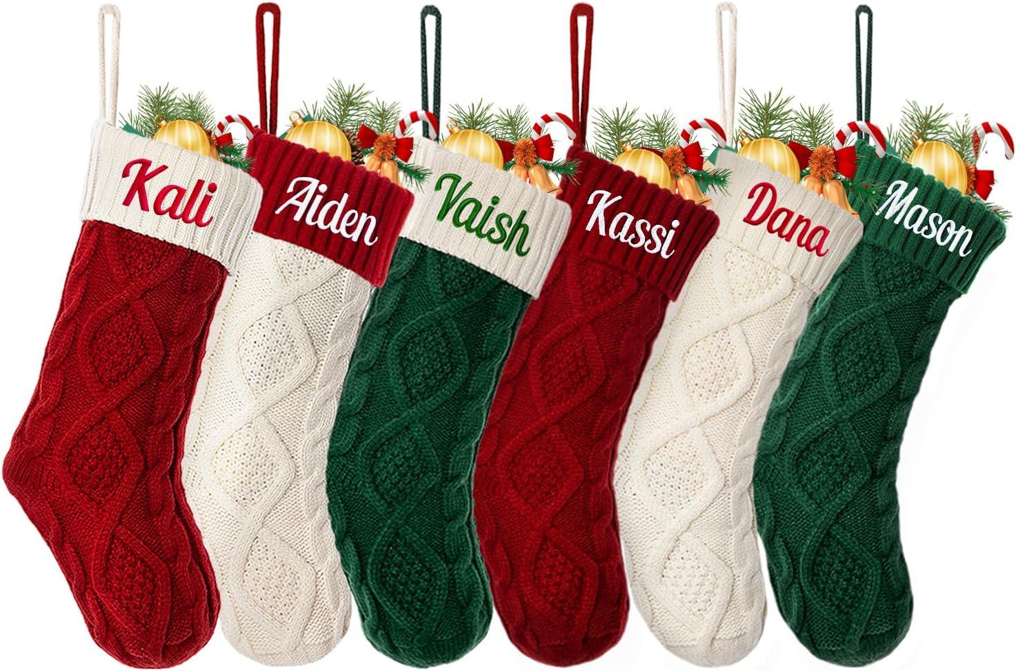 Large Red and Green Cable Knit Christmas Stockings, 4 Pack