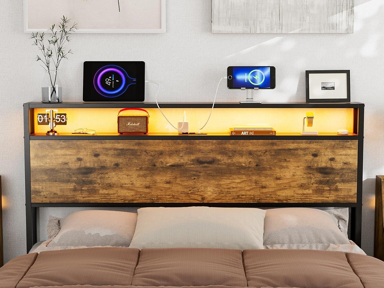 Ivy Bronx Kaiwei Storage Headboard With Led Lights & Charging Station - Industrial Metal And Wood