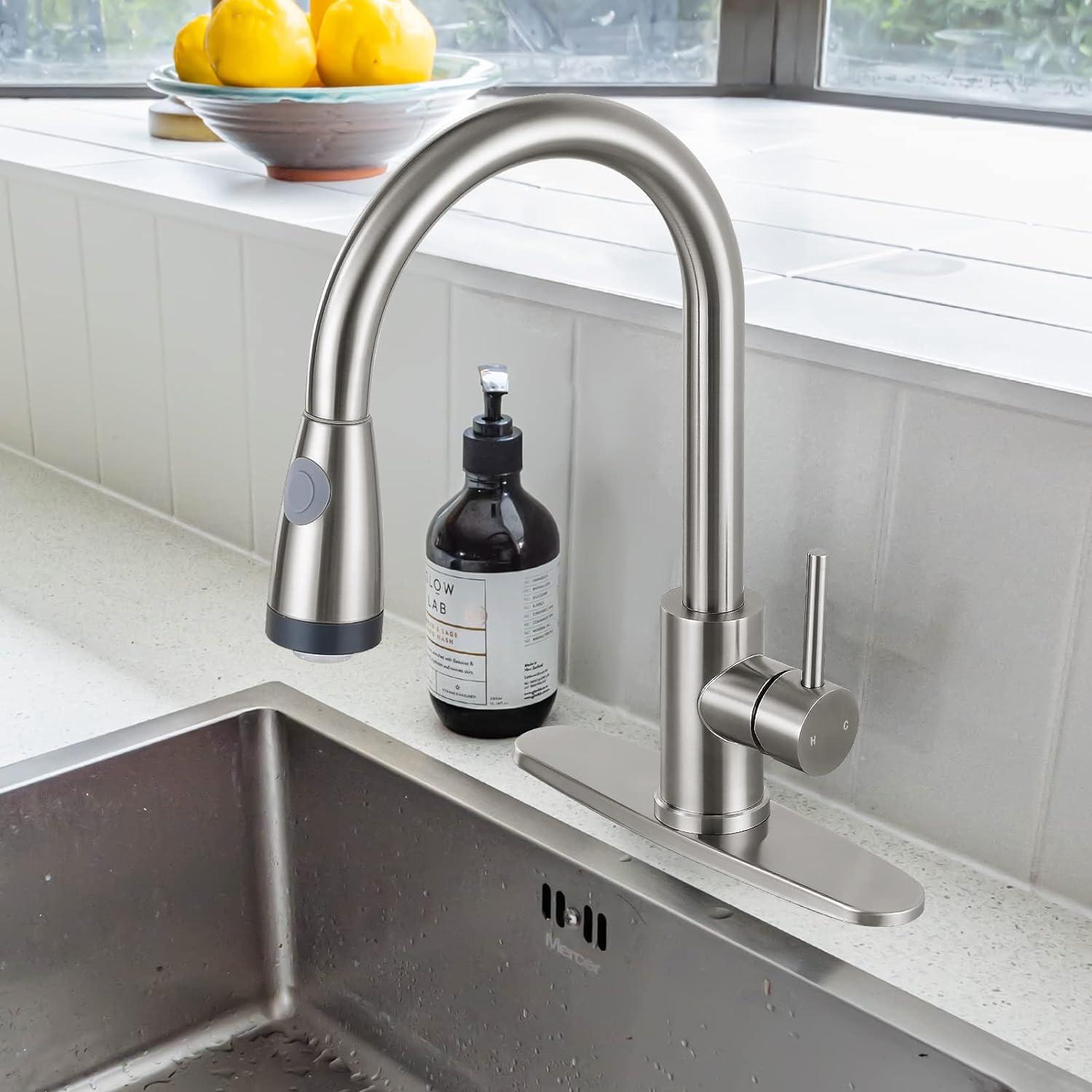 Brushed Nickel High-Arc Kitchen Faucet with LED Pull-Out Spray