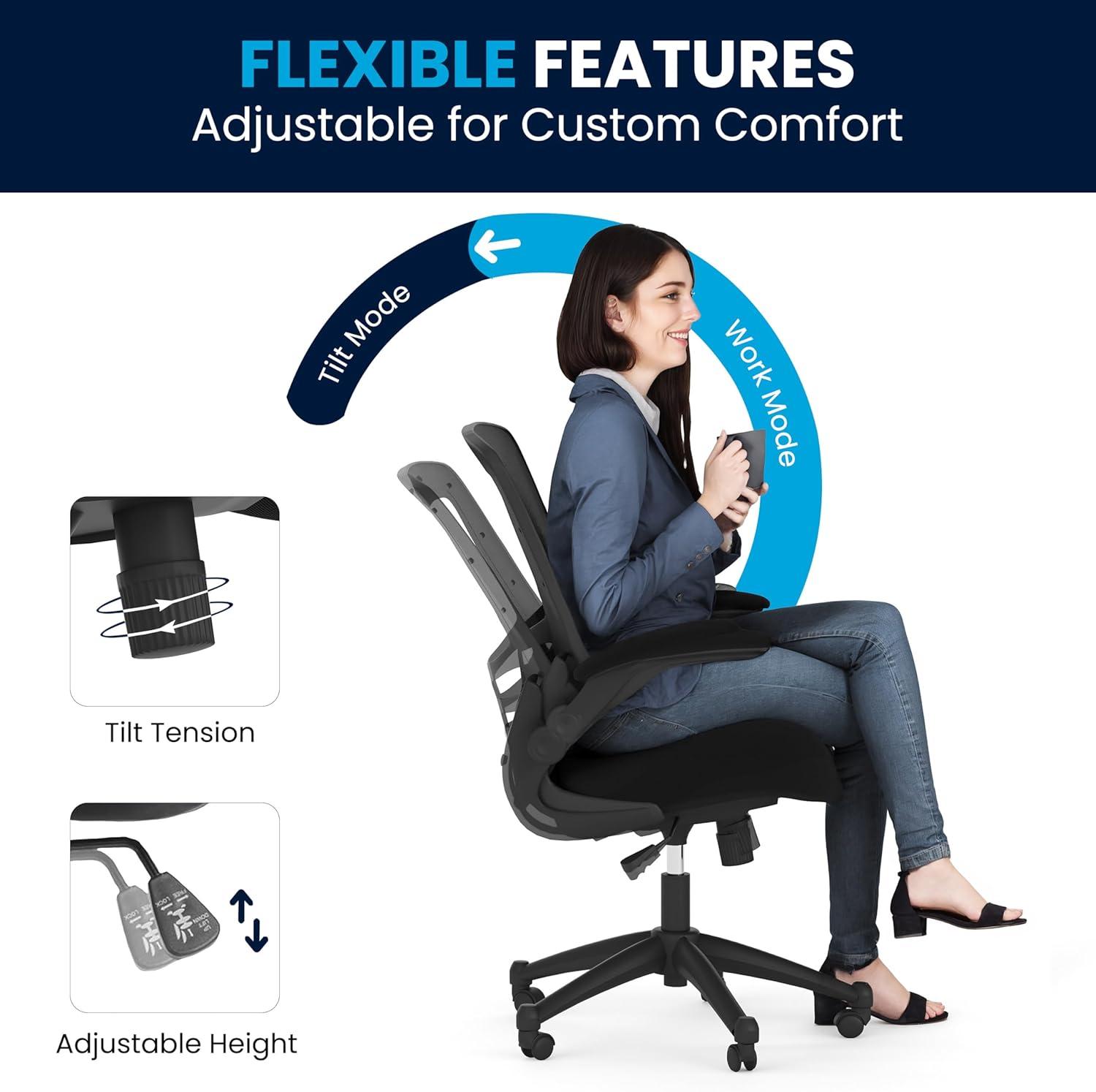 Flash Furniture Kelista Ergonomic Mesh Mid-Back Swivel Office Chair with Flip-Up Armrests, Black