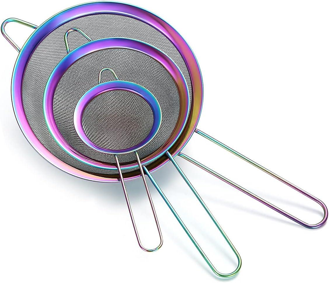 ReaNea Fine Mesh Strainer, Flour Sifter for Baking, Stainless Steel Colander, Tea Strainer Set of 3 (Rainbow)