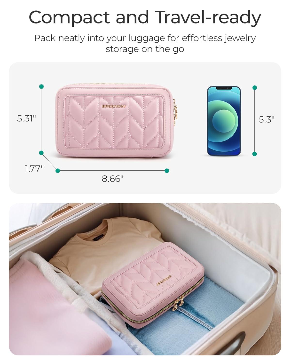 Jewelry Organizer Case Travel Jewelry Storage Bag for Necklace, Earrings, Rings, Bracelet, Soft Pink