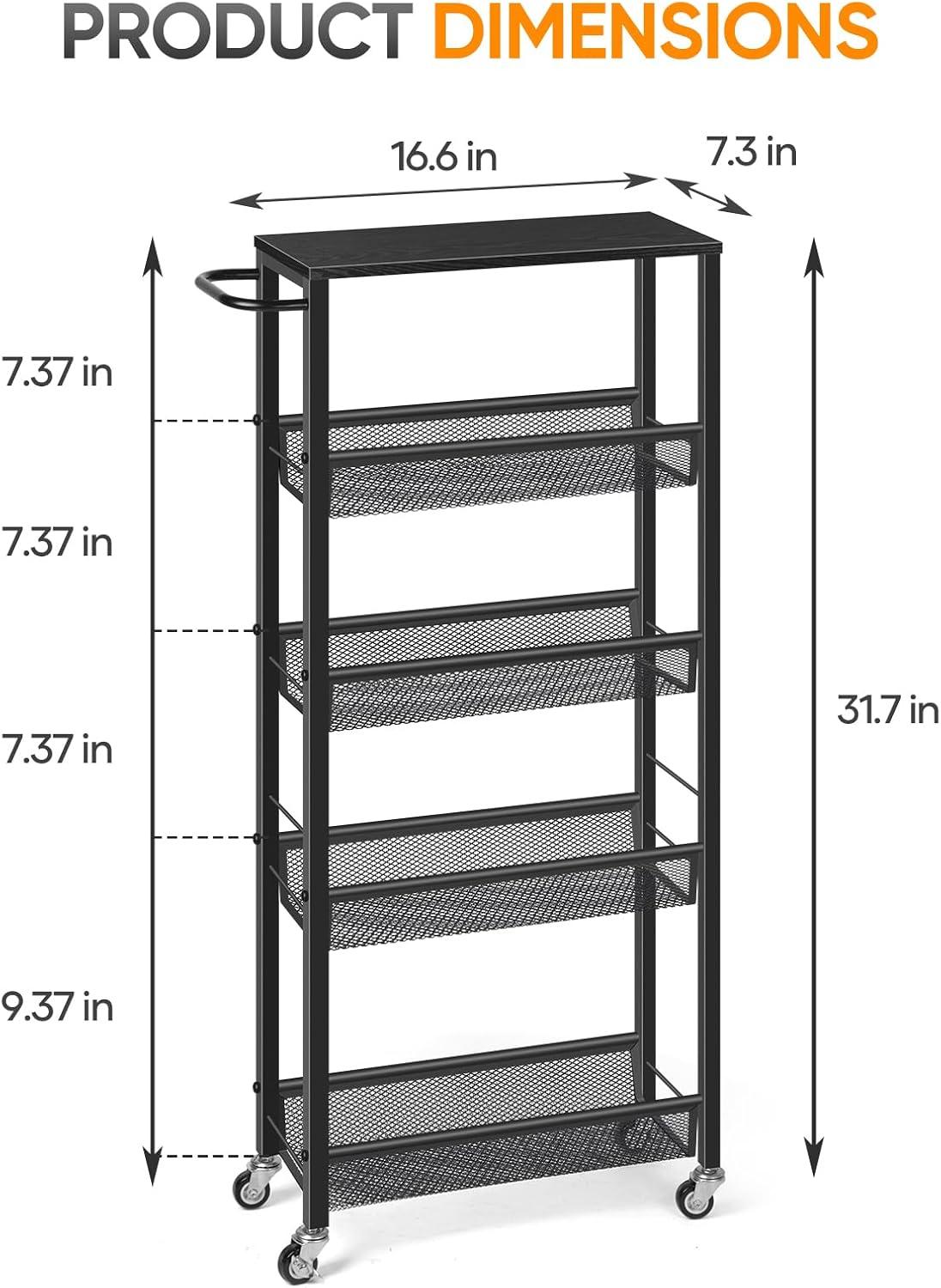 NANANARDOSO 4 Tier Slim Storage Cart, Shelving Unit for Small Space, Rolling Cart with Wooden Top and Metal Handle for Narrow Space on Kitchen, Bathroom, Laundry Room, Black.
