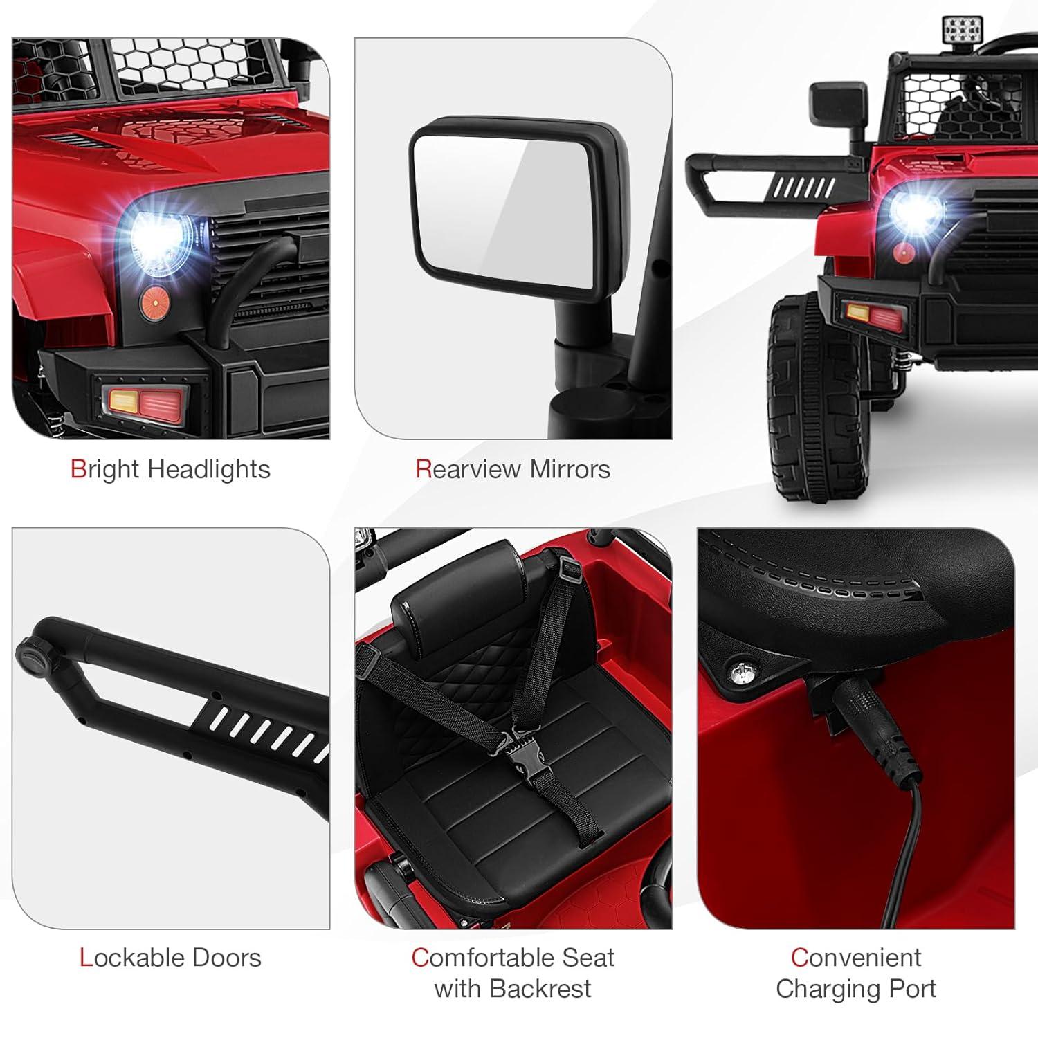 HONEY JOY Ride On Truck, 12V Battery Powered Vehicle Ride On Car with Remote Control, Spring Suspension, Headlights, Music, Mesh Windshield, Electric Cars for Kids, Gift for Boys Girls 3+(Red)