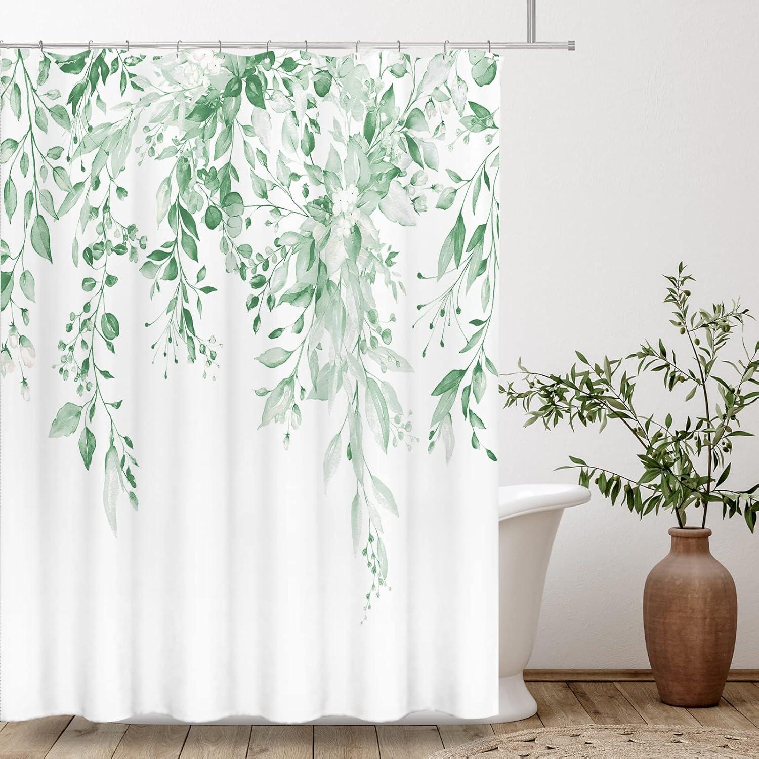 Eucalyptus Watercolor Leaves Semi-Sheer Waterproof Shower Curtain