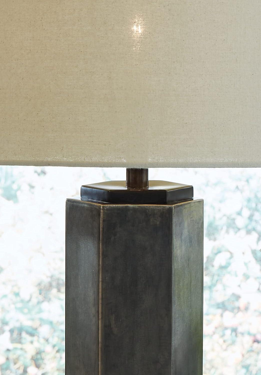 Dirkton Hexagon Pewter and Black Table Lamp with Drum Shade