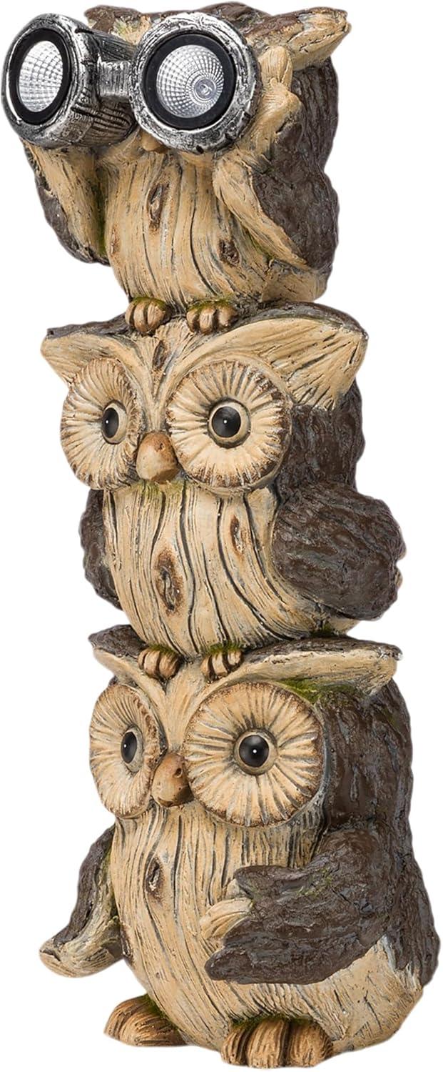 Solar Three Stacked Binocular Owls Polyresin Statue with LED Lights - Alpine Corporation: Garden Decor Sculpture with NiMH Battery