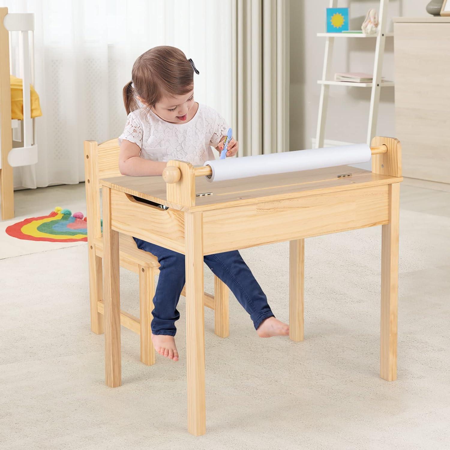 Resenkos Toddler Multifunctional Activity Table and Chair Set with Paper Roll Holder-Natural, Small Folding Table for Arts & Crafts, Snack Time, Homeschooling, Homework