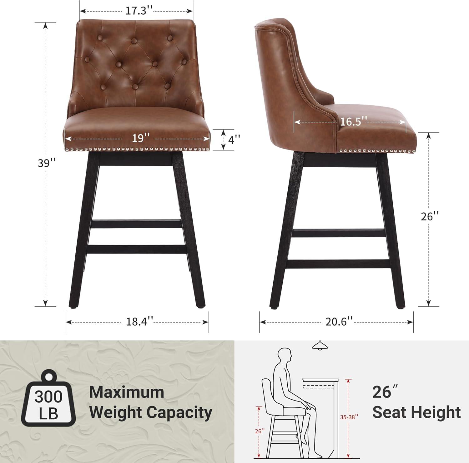 Counter Bar Stools Set of 2, Modern Swivel Bar Stools with Back and Wood Legs, 26" H Upholstered Bar Chair for Kitchen Island Home Bar, Leather Brown