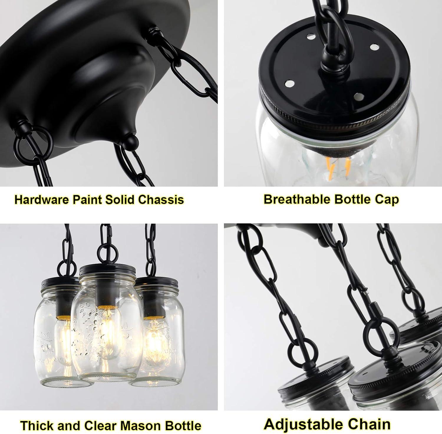 Black Pendant Lights, 3-Light Clear Glass Pendant Lights Kitchen Island, Mason Jar Light Fixtures, Farmhouse Mason Jar Pendant Lighting for Kitchen Dining Room Bedroom Hallway Entryway