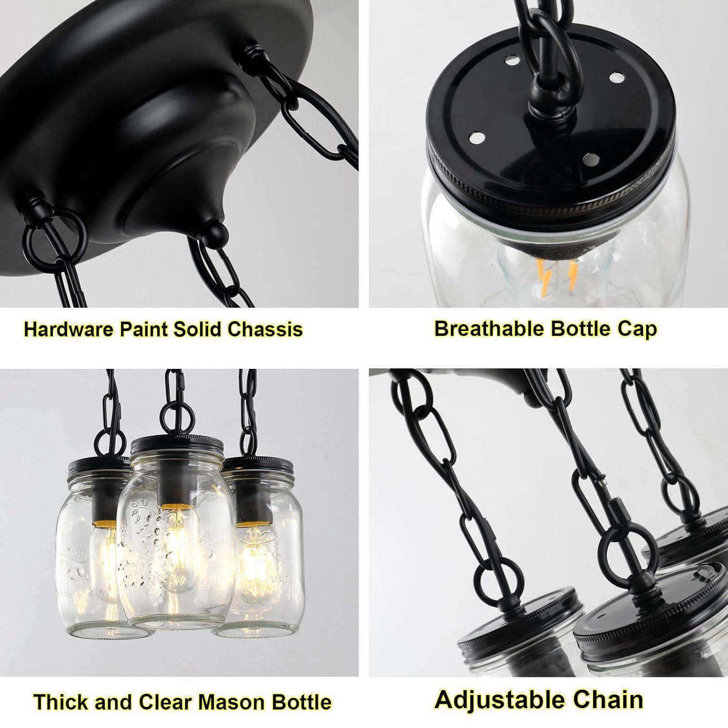 Black Pendant Lights, 3-Light Clear Glass Pendant Lights Kitchen Island, Mason Jar Light Fixtures, Farmhouse Mason Jar Pendant Lighting for Kitchen Dining Room Bedroom Hallway Entryway