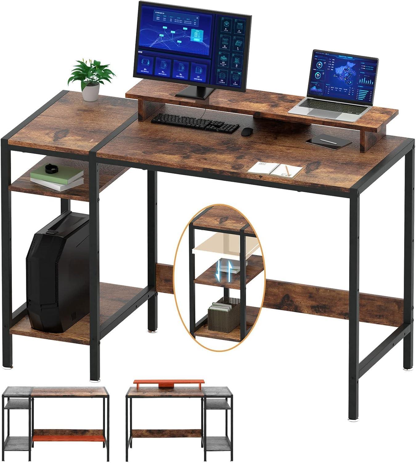 47'' Rustic Brown Adjustable Height Gaming Desk with Monitor Stand