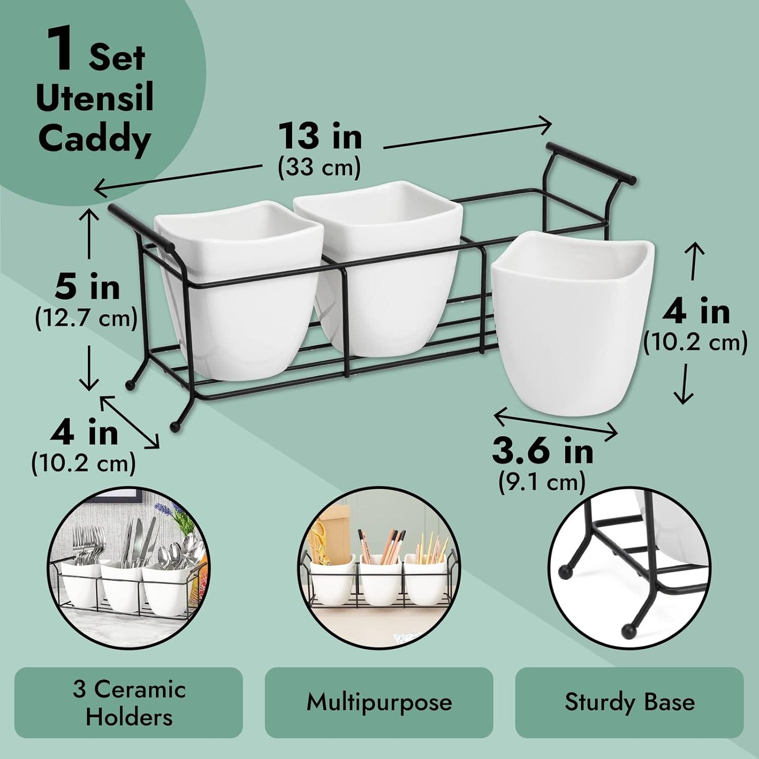 3 Piece White Ceramic Utensil Holder with Metal Stand, Flatware Caddy for Cutlery, Silverware, Kitchen Organizing (White, 13 x 4 x 5 In)