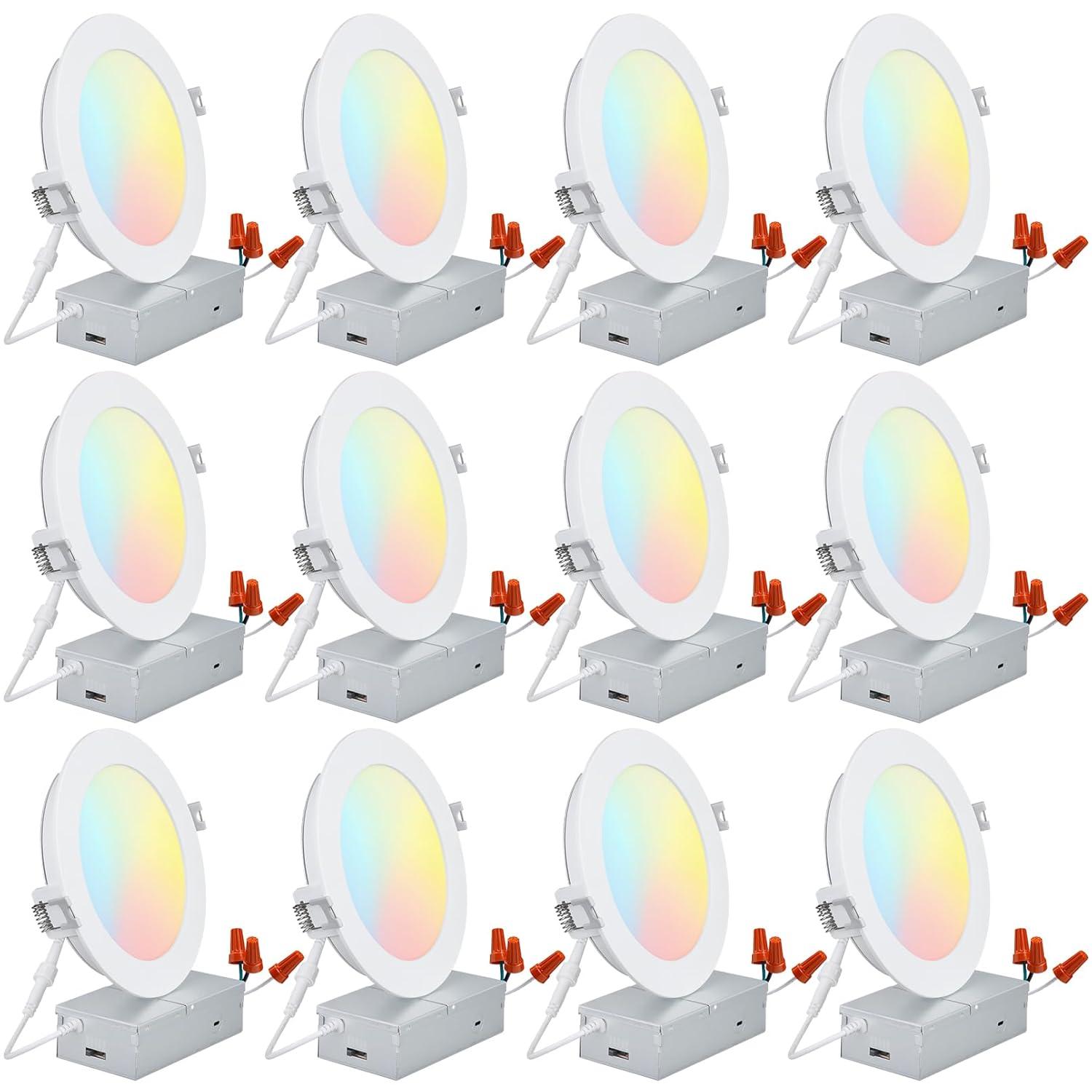 TORCHSTAR 5CCT 6 Inch Slim LED Recessed Lighting with Junction Box, CRI90 Dimmable 12W Ultra-Thin LED Recessed Light, 2700K-5000K Selectable, 1000LM Downlight, ETL & Energy Star, Pack of 6