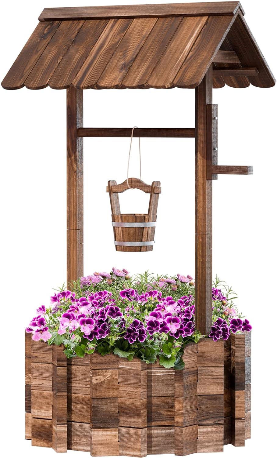 Rustic Brown Fir Wood Hanging Wishing Well Planter