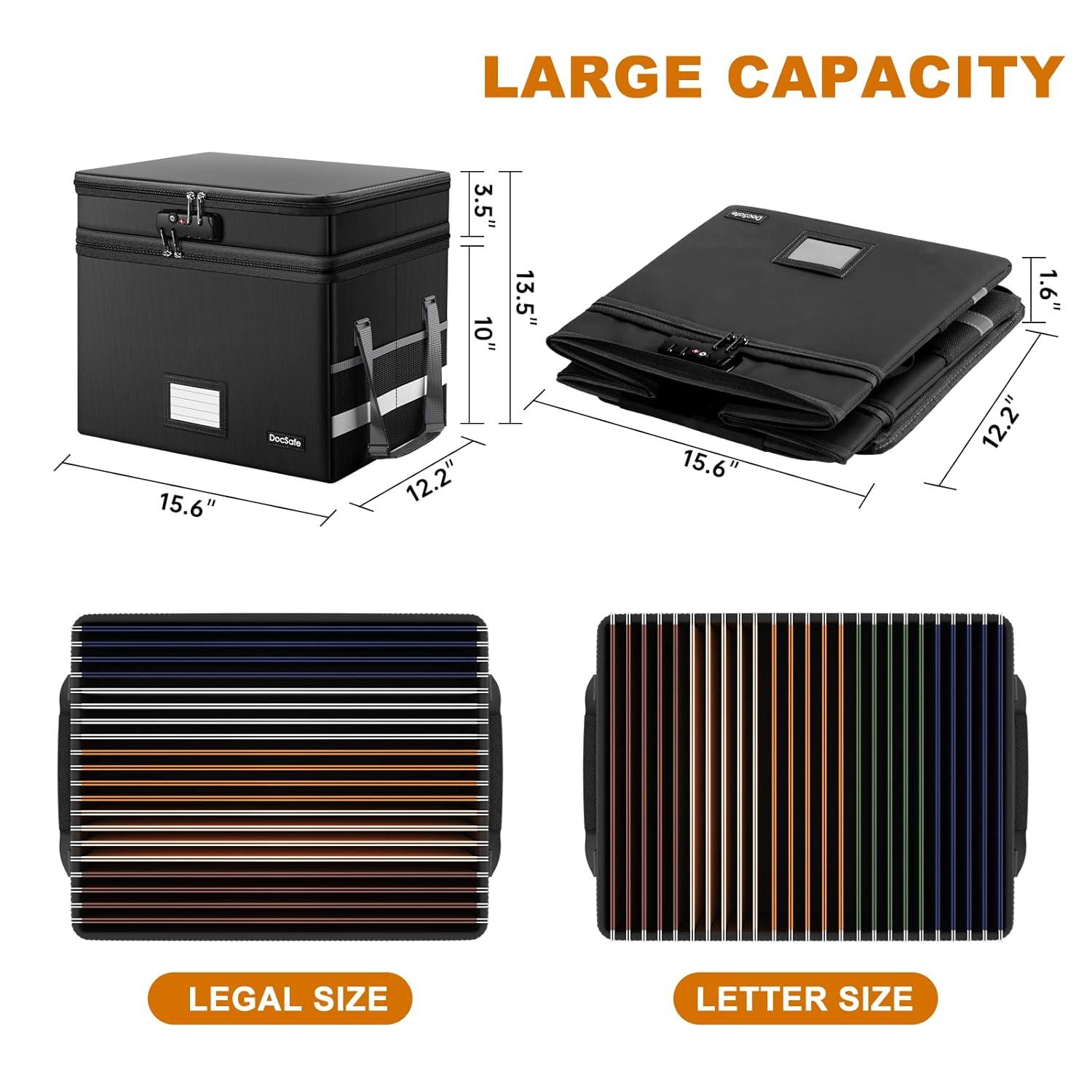 DocSafe File Box with Lock,Multi-Layer Fireproof Document Box Collapsible File Storage Organizer with Pockets/Handle,Large Portable Home Office Filing Safe for Hanging Letter/Legal Size Folders,Black