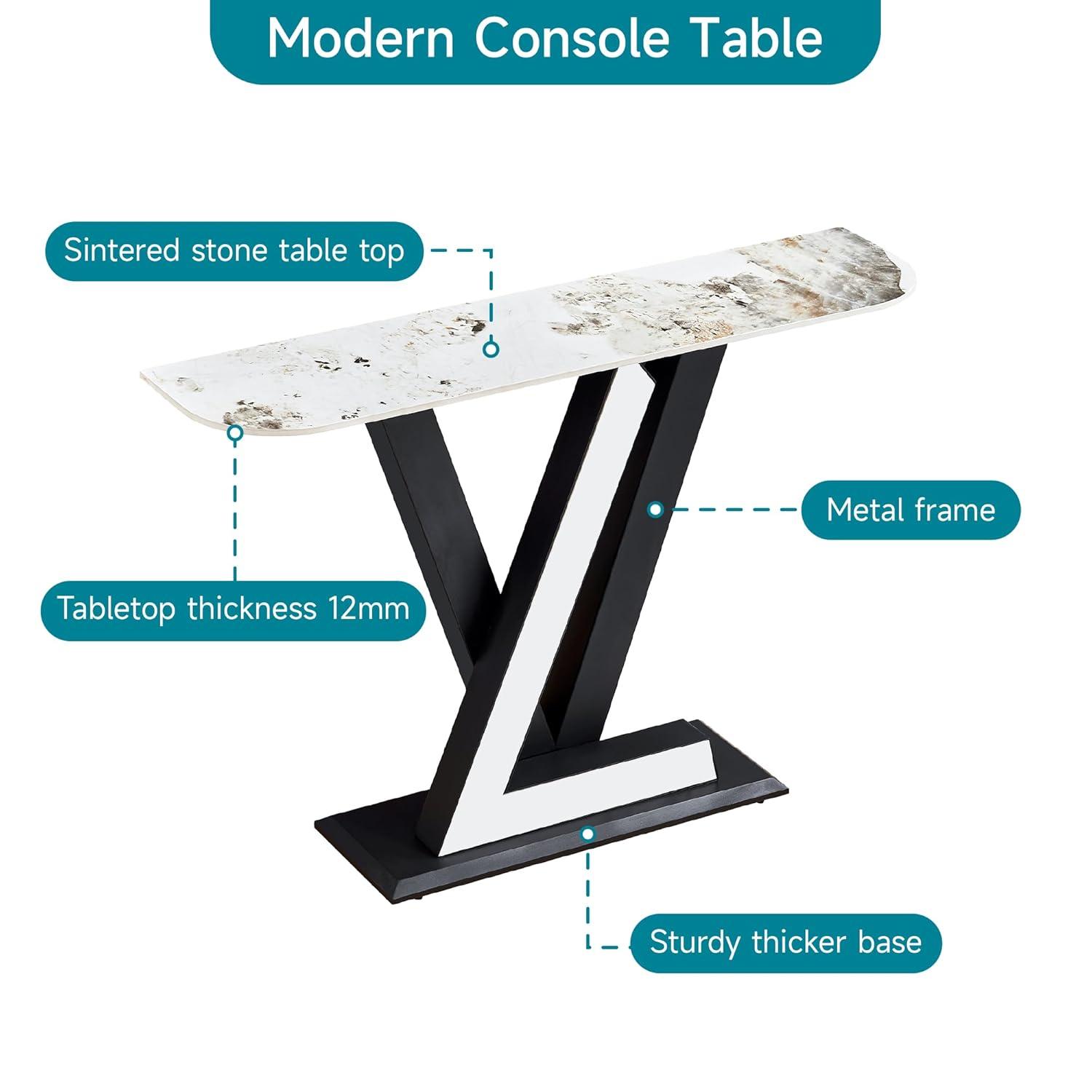 47.24'' Modern Console Table, Sintered Stone Narrow Entryway Table with Geometric Shape Metal Base for Entrance, Living Room, Hallway