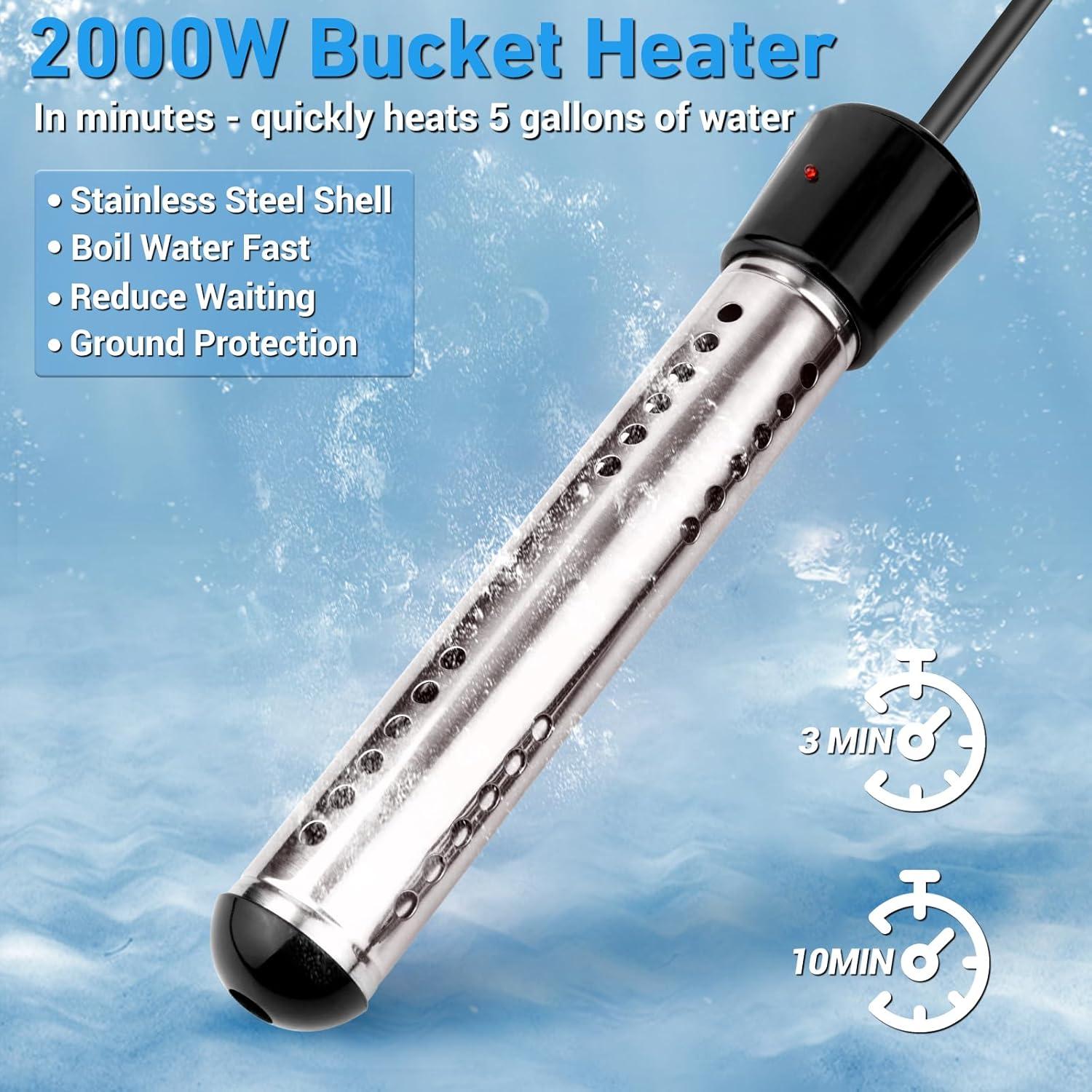 2000W Stainless Steel Portable Immersion Water Heater with Thermometer