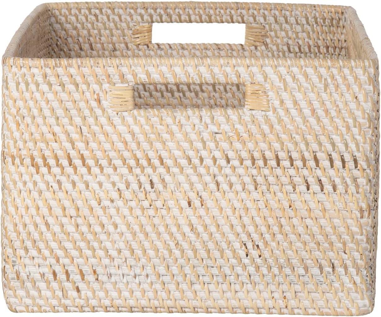 Kouboo Loma Rectangular Decorative Rattan Storage Basket With Handles, Coastal-Inspired Handwoven, Home Organization, Black Antique, Latte