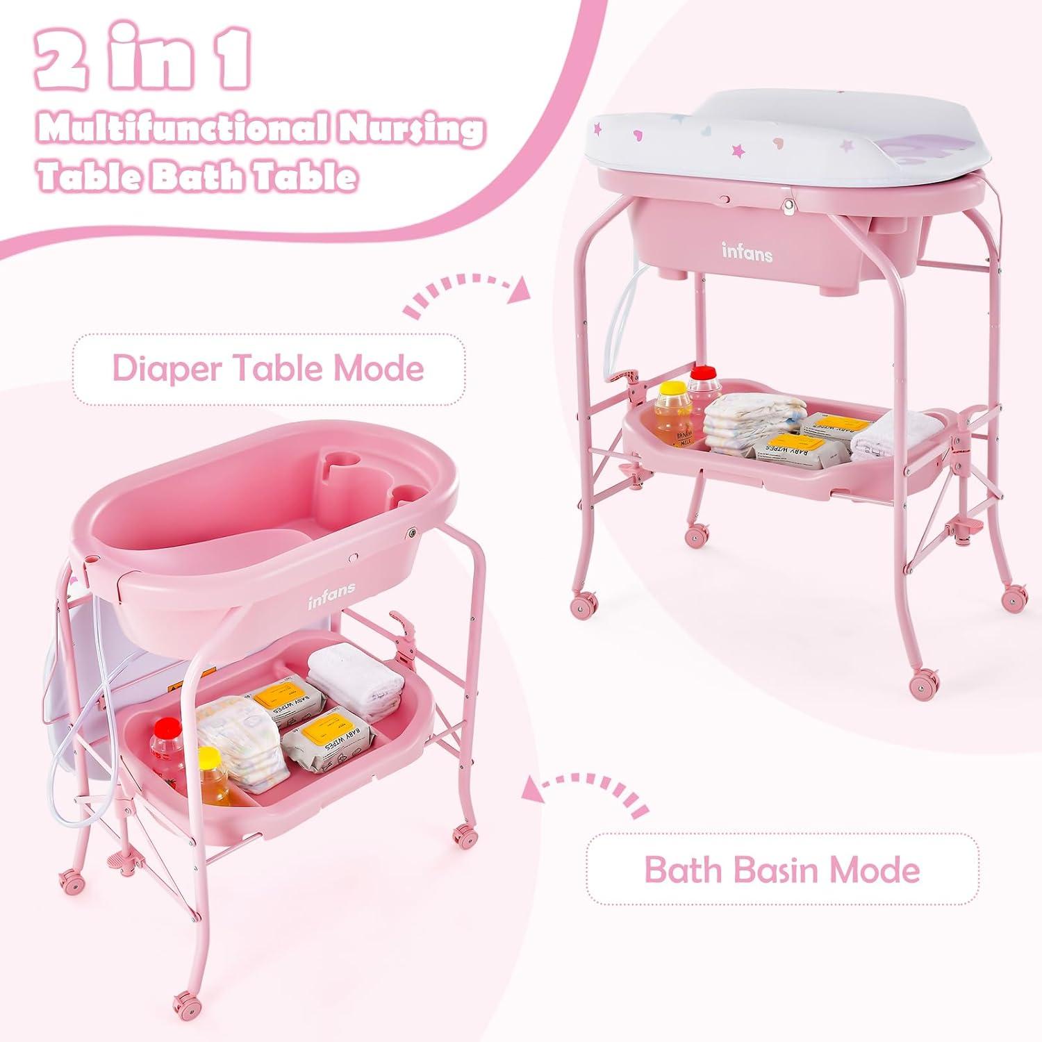 OLAKIDS 2 in 1 Baby Changing Table with Bath Tub Unit, Folding Diaper Dresser Station with Wheels Waterproof Pad Storage Rack, Portable Nursery Organizer Stand for Newborn Infant