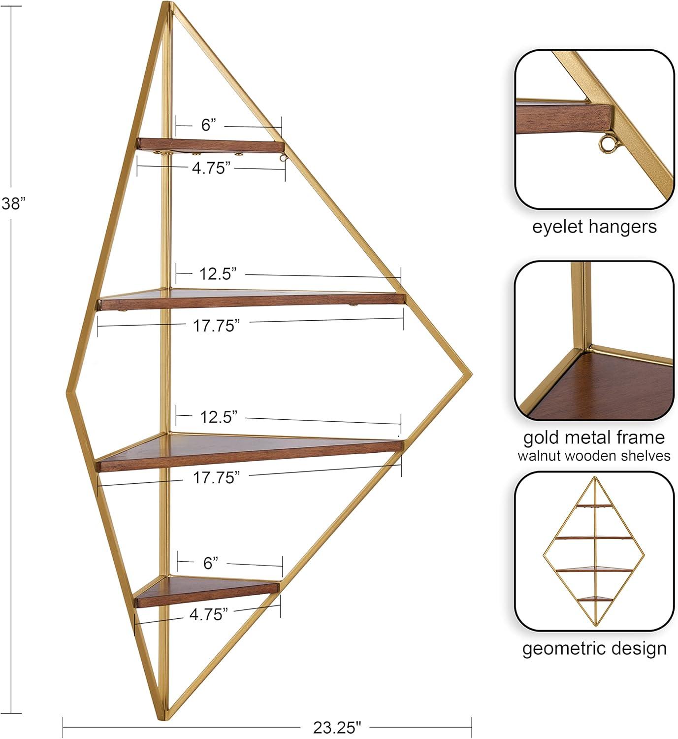 Kate and Laurel Melora Mid-Century Modern Corner Shelf, 24 x 38 x 17, Walnut and Gold, Glamorous Floating Corner Shelving with Four Shelves and Unique Geometric Shape