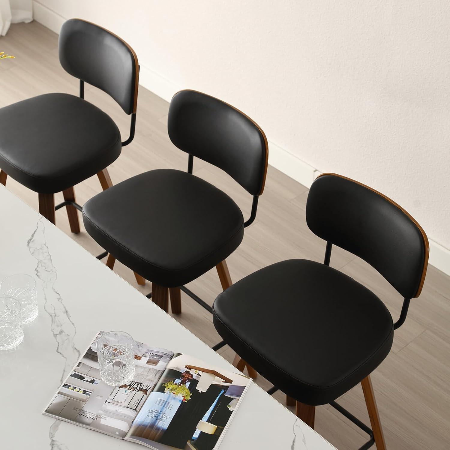 INKEDZ Swivel Counter Height Bar Stools Set of 3, Upholstered Faux Leather Barstools with Rattan Back, 26" Seat Height Bar Chairs for Kitchen Island, Bentwood Wood Frame, Cream White