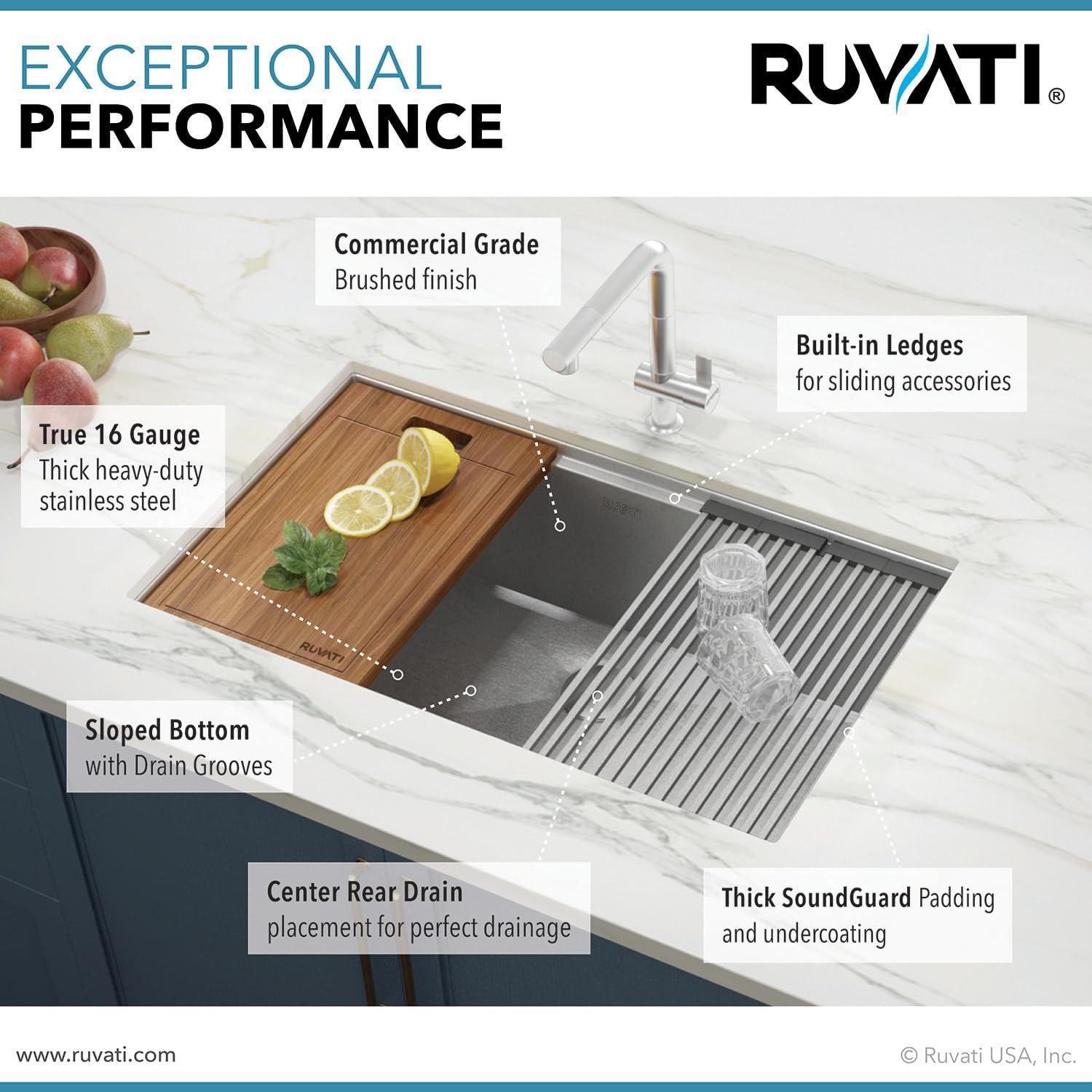 Ruvati Workstation Ledge Undermount 16 Gauge Stainless Steel Kitchen Sink Single Bowl