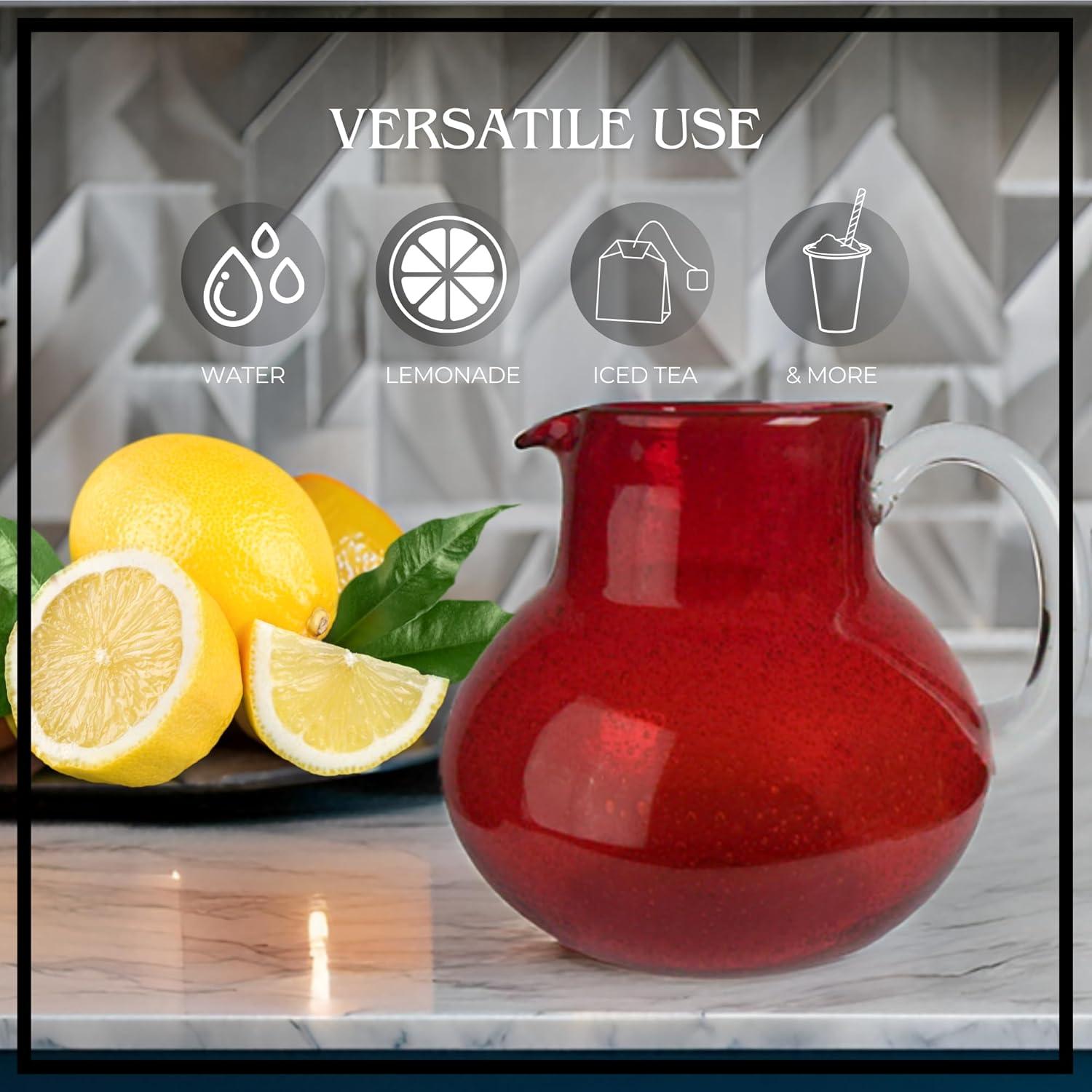 Artland Iris 90 Oz Handblown Glass Pitcher, Bubble Shape, Lead-Free, Versatile Drink Dispenser for Water, Juice, Cocktails, Dishwasher Safe - Ruby