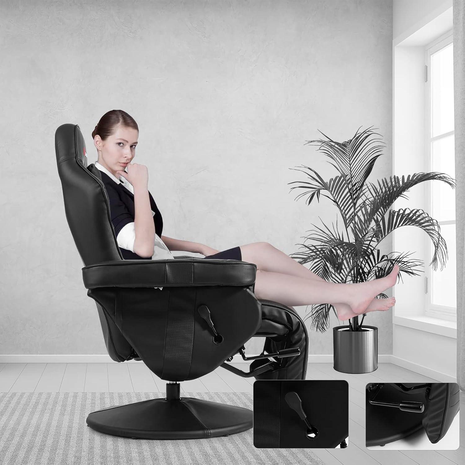 POWERSTONE Gaming Recliner Massage Gaming Chair with Footrest Ergonomic PU Leather Single Sofa with Cup Holder Headrest and Side Pouch, Adjustable Living Room Chair Seating, Black