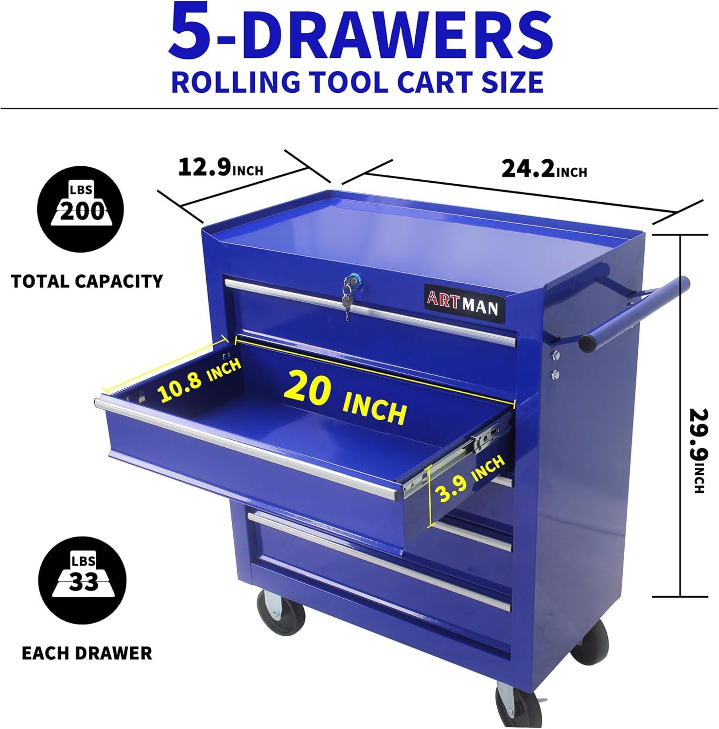 5 Large Drawers Tool Cart on Wheels,Rolling Tool Chest Tool Storage,Drawers Rolling Tool Trolley Organizer Tool Case for Garage, Warehouse, Workshop, Repair Shop (5 Large Drawers-29.3" H-Blue)