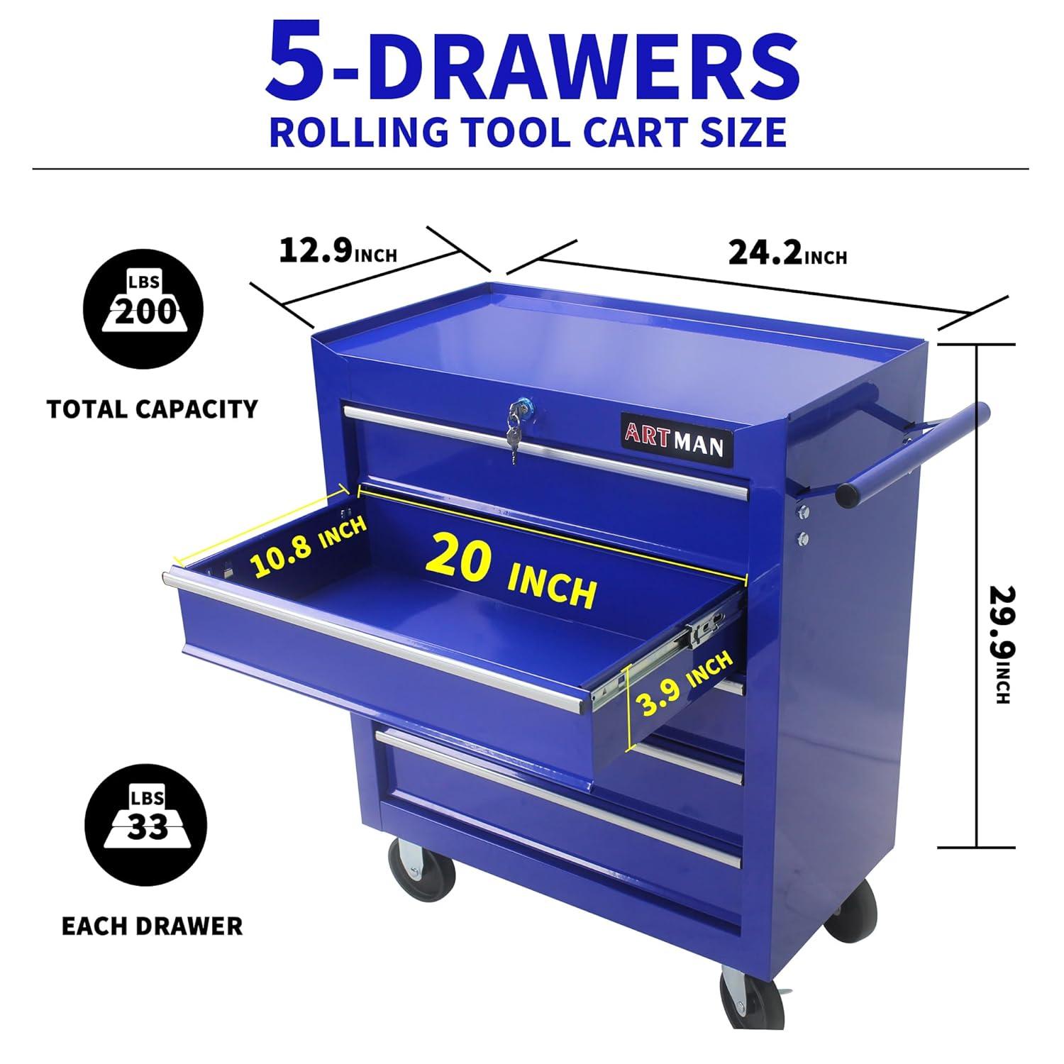 5 Large Drawers Tool Cart on Wheels,Rolling Tool Chest Tool Storage,Drawers Rolling Tool Trolley Organizer Tool Case for Garage, Warehouse, Workshop, Repair Shop (5 Large Drawers-29.3" H-Blue)