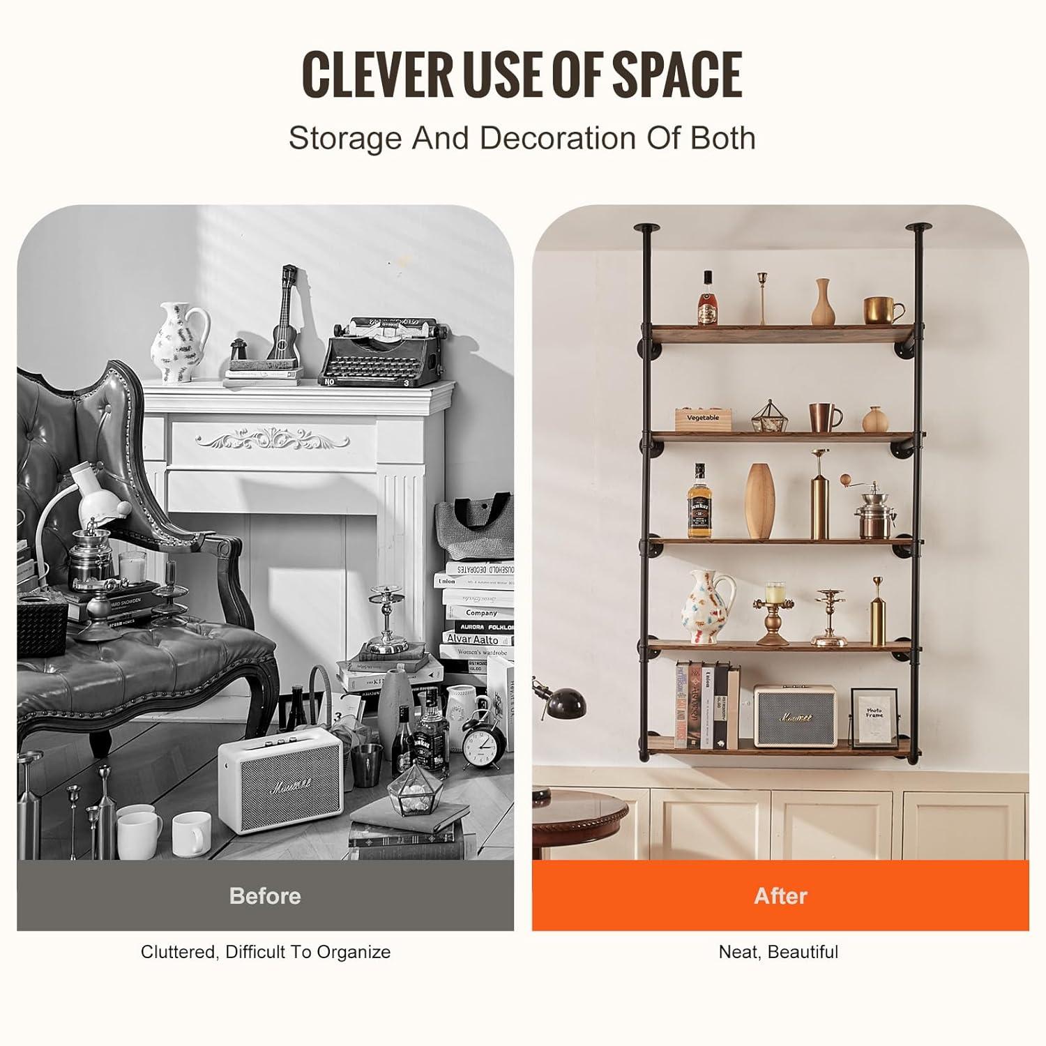 VEVOR Industrial Pipe Shelf, 5 Tier 2PCS, 9.84in Applicable Board Width Wall-Mount Floating Rustic Wood Shelves Bracket Bookshelf,Storage Holder for Kitchen Bedroom Bathroom, (Planks NOT Included)