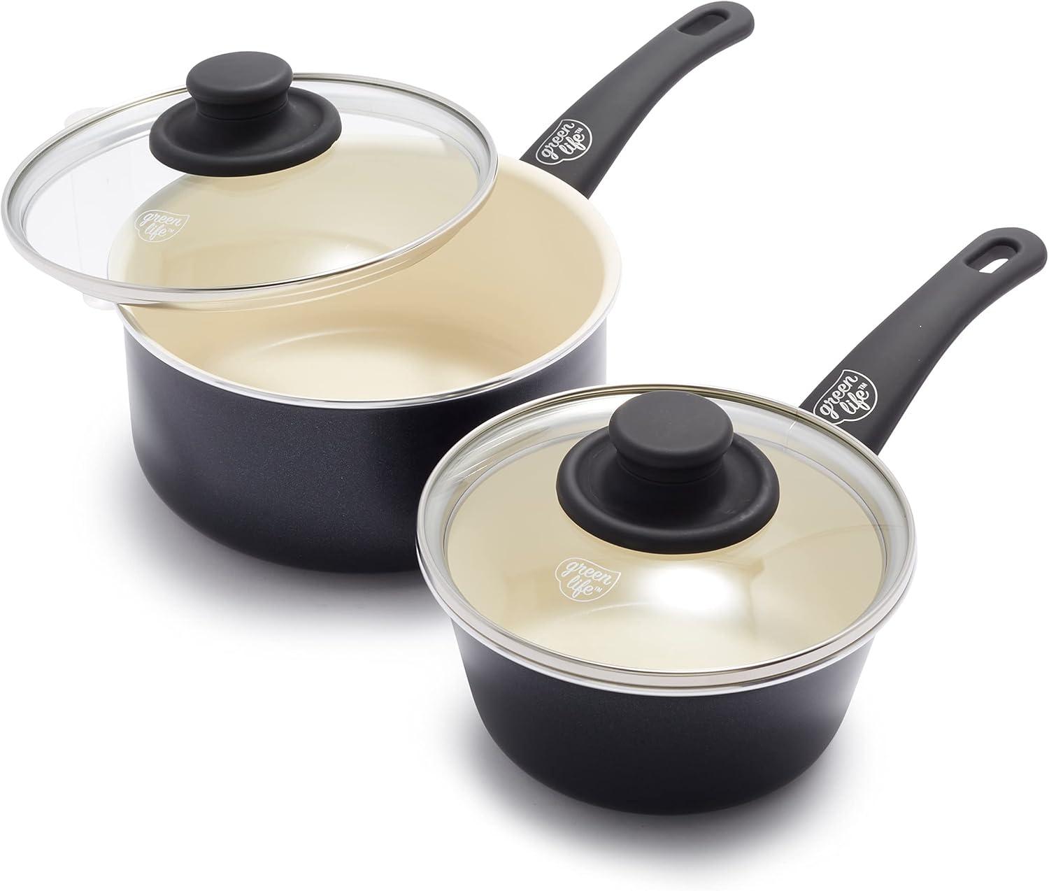 GreenLife GreenLife Soft Grip Healthy Ceramic Nonstick, 1QT And 2QT Saucepan Pot Set With Lids, Dishwasher Safe