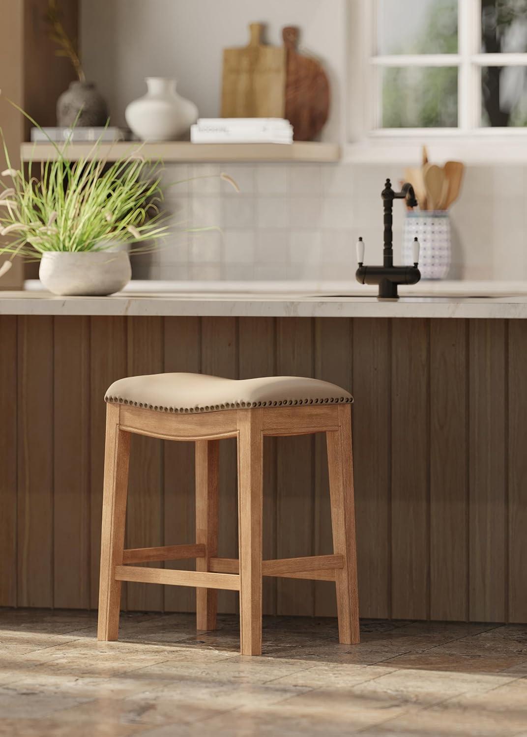 Maven Lane Adrien Saddle Kitchen Counter Stool in Weathered Oak w/ Avanti Bone Vegan Leather