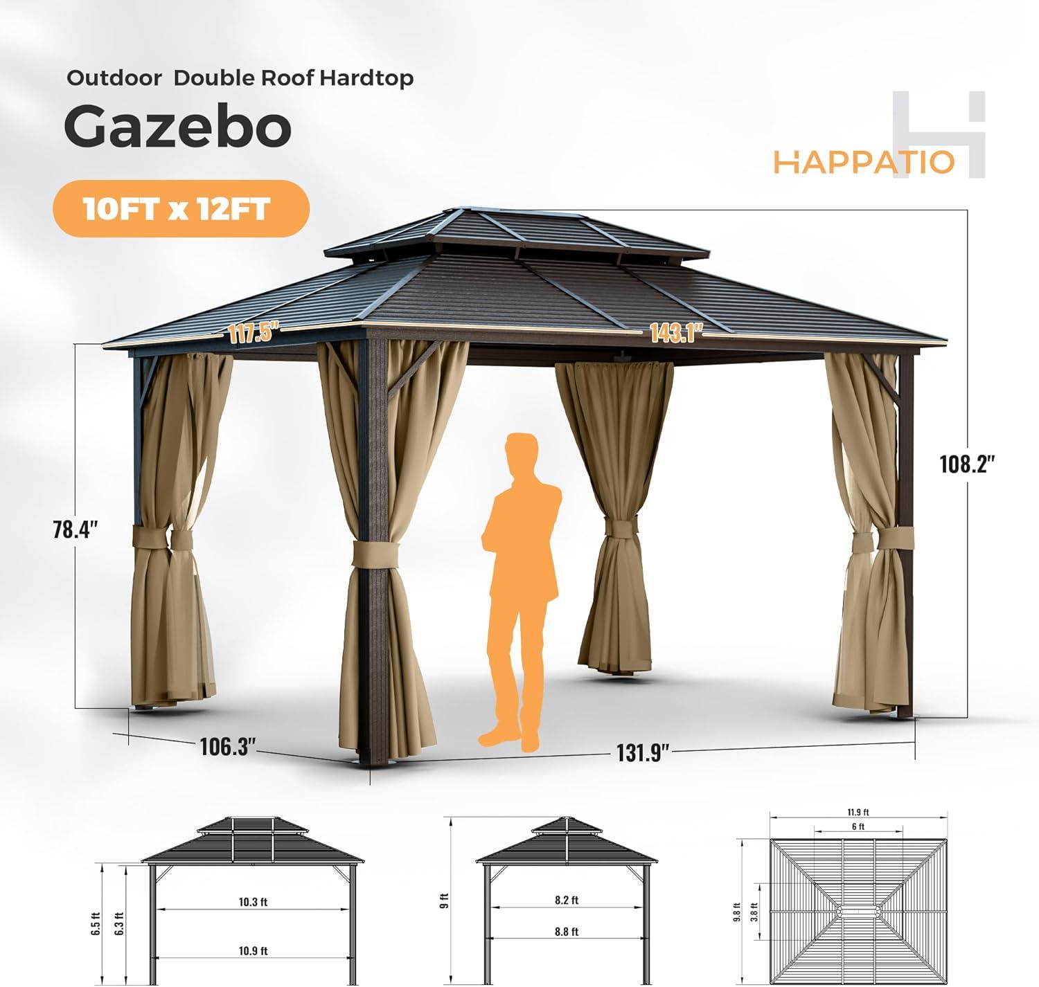 Erinnyees Gazebo 10’x12’W/Steel Double Roof, Wooden-looking Coated Aluminum Frame Waterproof Pavilion, Curtains & Netting Included Hardtop Gazebo for Patio Backyard Garden Lawn Parties, Brown