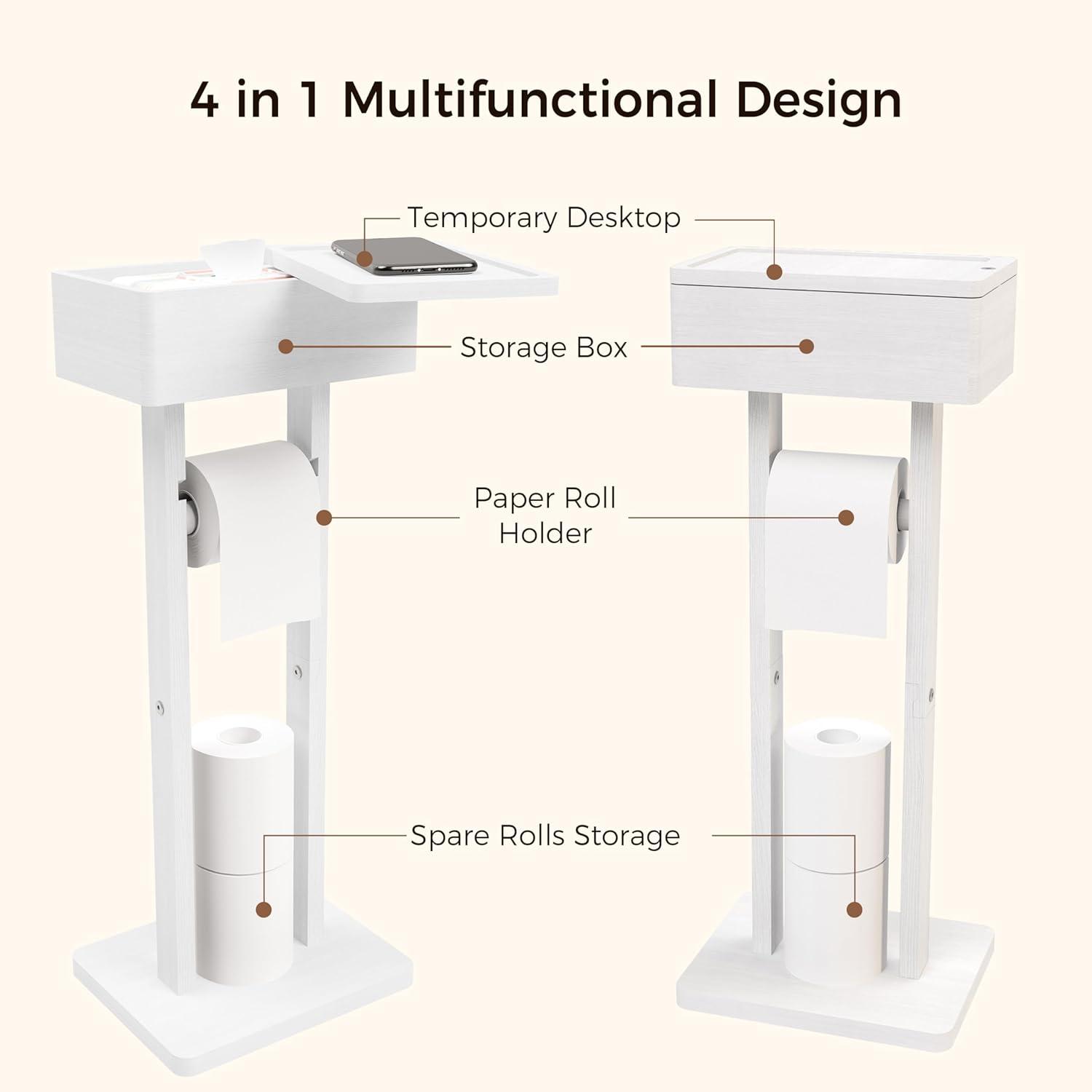 Hokku Designs 4-In-1 Bamboo Toilet Paper Holder Stand With Storage Shelf, Free Standing Toilet Tissue Roll Organizer, 360° Rotating Lid, Extra Storage For Bathroom Essentials