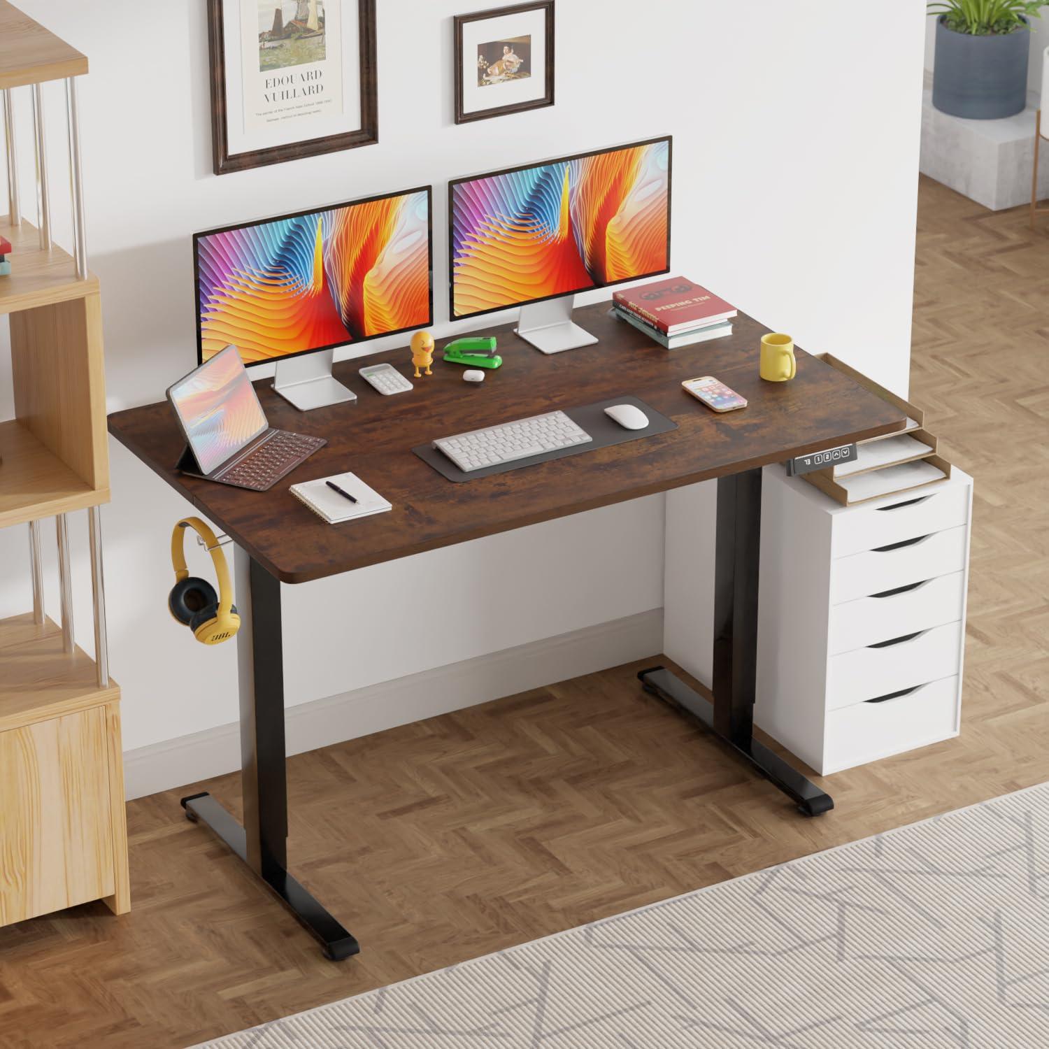 FDW 48 Adjustable Height Standing Desk Computer Desk with Large Space and Headphone Holder with Electric Lifting and 2 Memory Function,Brown