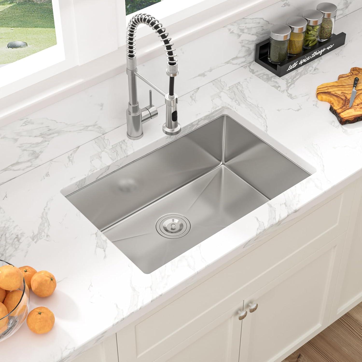 Sarlai 28'' L x 18" W Undermount Single Bowl Stainless Steel Kitchen Sink with Sink Grid and Basket Strainer SU2818R