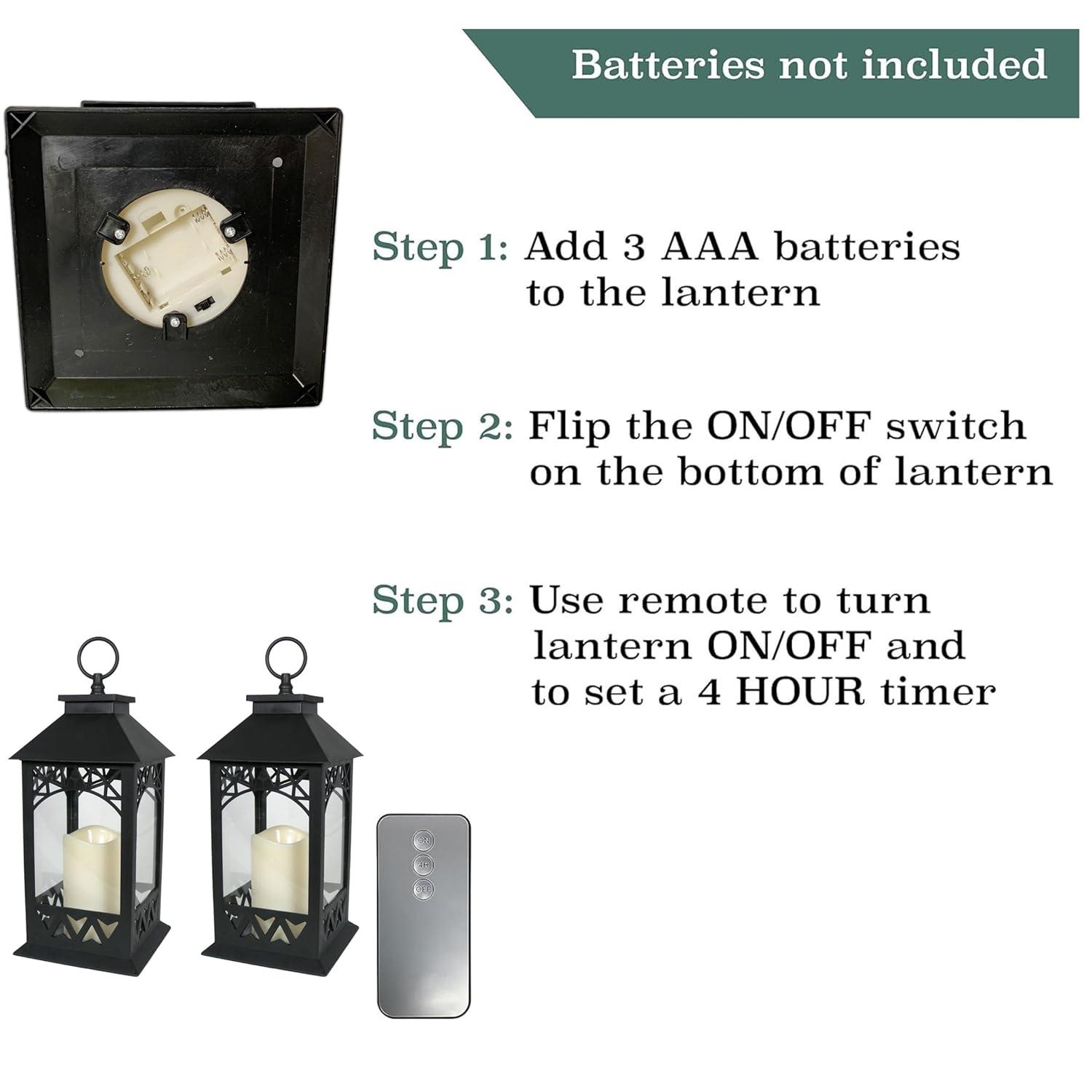 Black Lighted LED Lanterns with Lattice Design - Pillar Candle with 4 Hour Timer Included - Remote Control - Hanging or Sitting Decoration - Set of 2 - 13" H - 9605-2