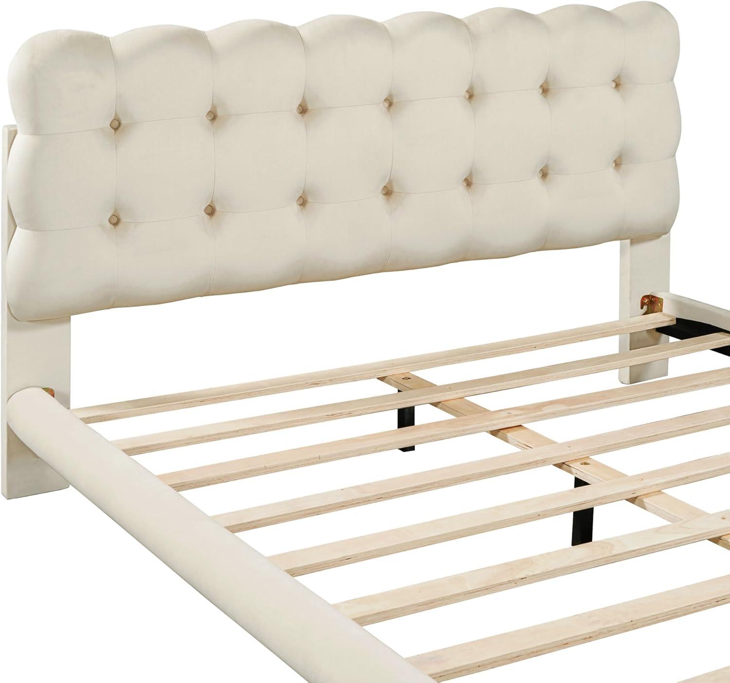 Queen Size Beige Velvet Platform Bed with LED Light and Tufted Upholstered Headboard